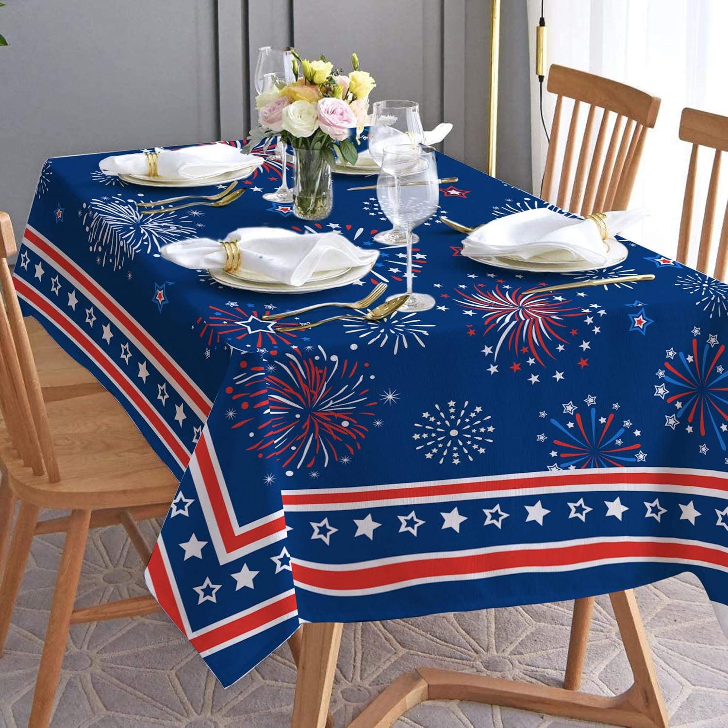 Hexagram Mantel del 4 de julio, mantel rectangular de bandera estadounidense de 52 x 70 pulgadas, estrellas rojas y azules para interiores o