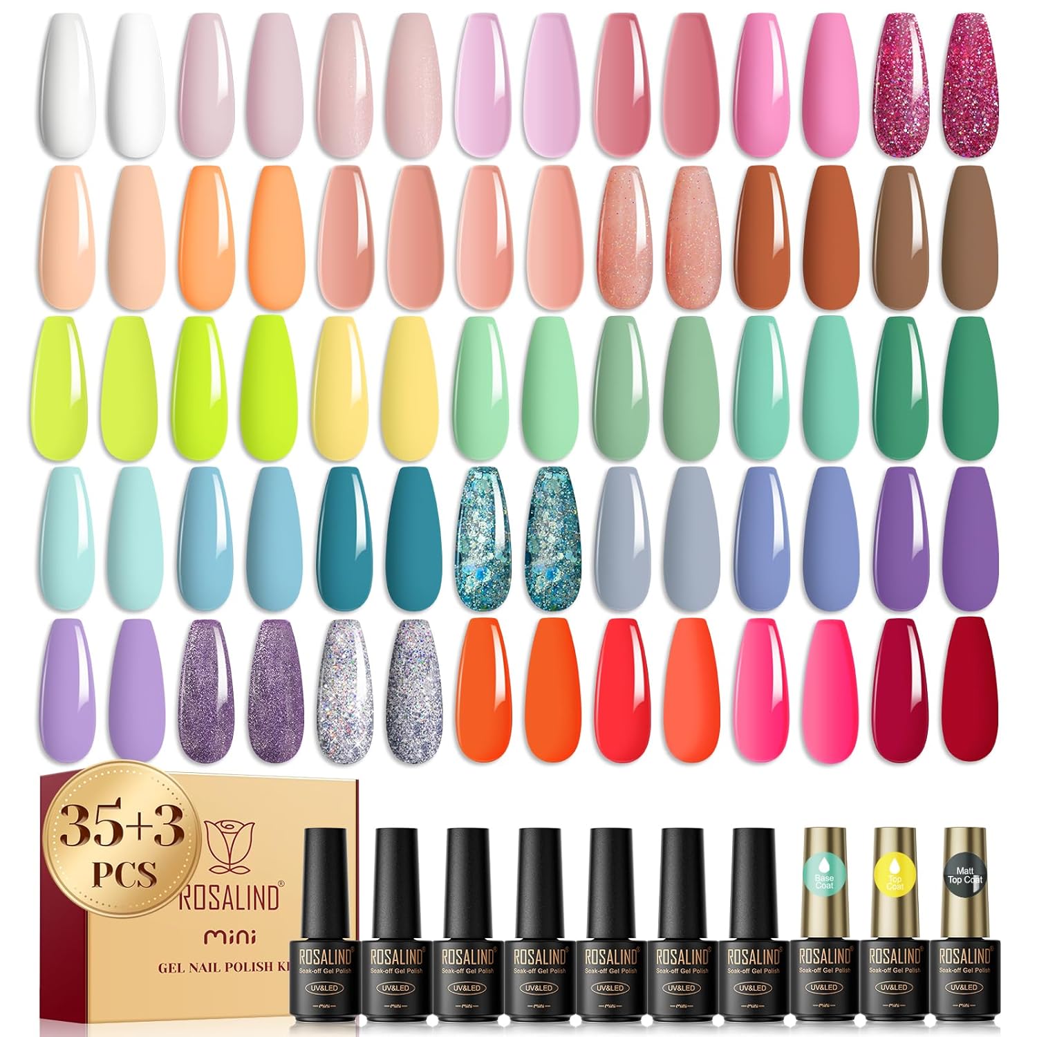 ROSALIND Juego de 35 esmaltes de uñas de gel, colección de esmaltes de gel rosa, rojo, gelatina blanca, juego de inicio de verano, esmalte de uñas