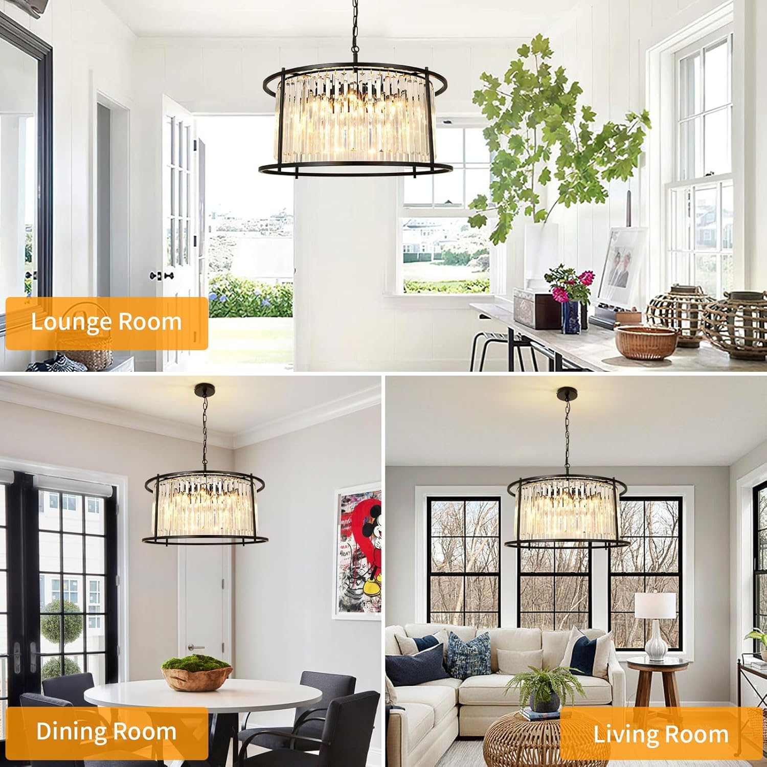 Lámpara de araña de cristal negro, lámpara colgante negra, lámpara redonda de 8 luces, lámparas de techo para comedor, sala de estar, dormitorio,