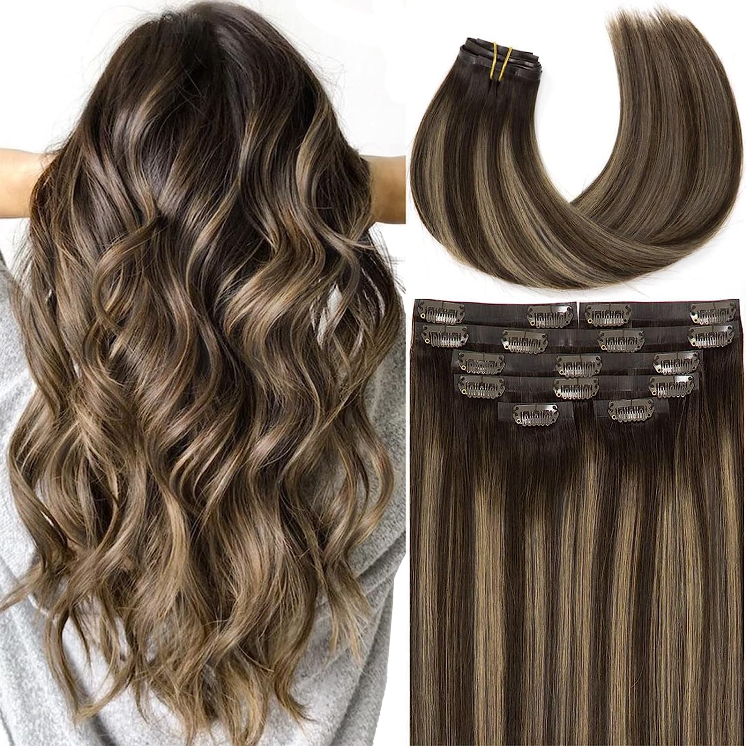 Lacer Extensiones de cabello humano con clip, sin costuras, con raíces de castaño castaño mezclado con marrón oscuro con raíces marrón oscuro,