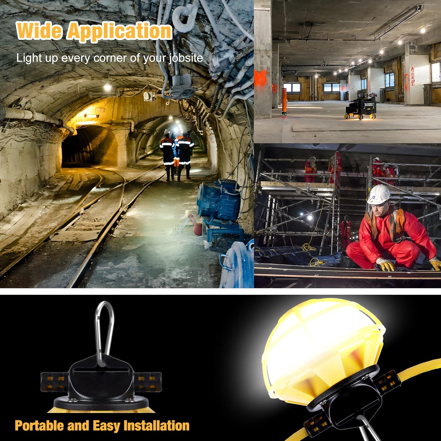 Cadena de luces de construcción de 100 pies con jaula protectora de 100 W, 12000 lúmenes, cadena de luces LED industriales, IP65, impermeable, súper