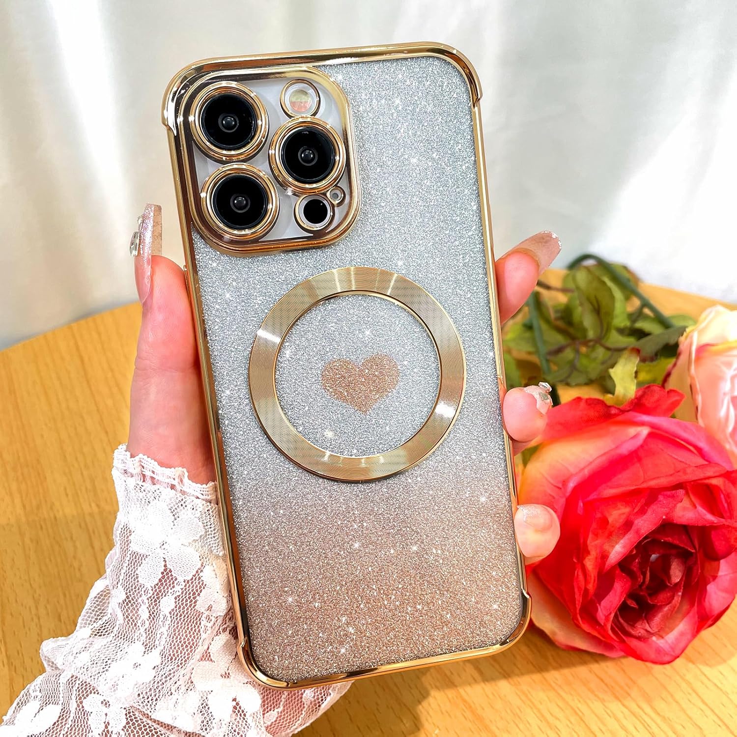 Bonoma Purpurina magnética para iPhone 15 Pro Max compatible con MagSafe , funda transparente de lujo con diseño de corazón de amor, protección de