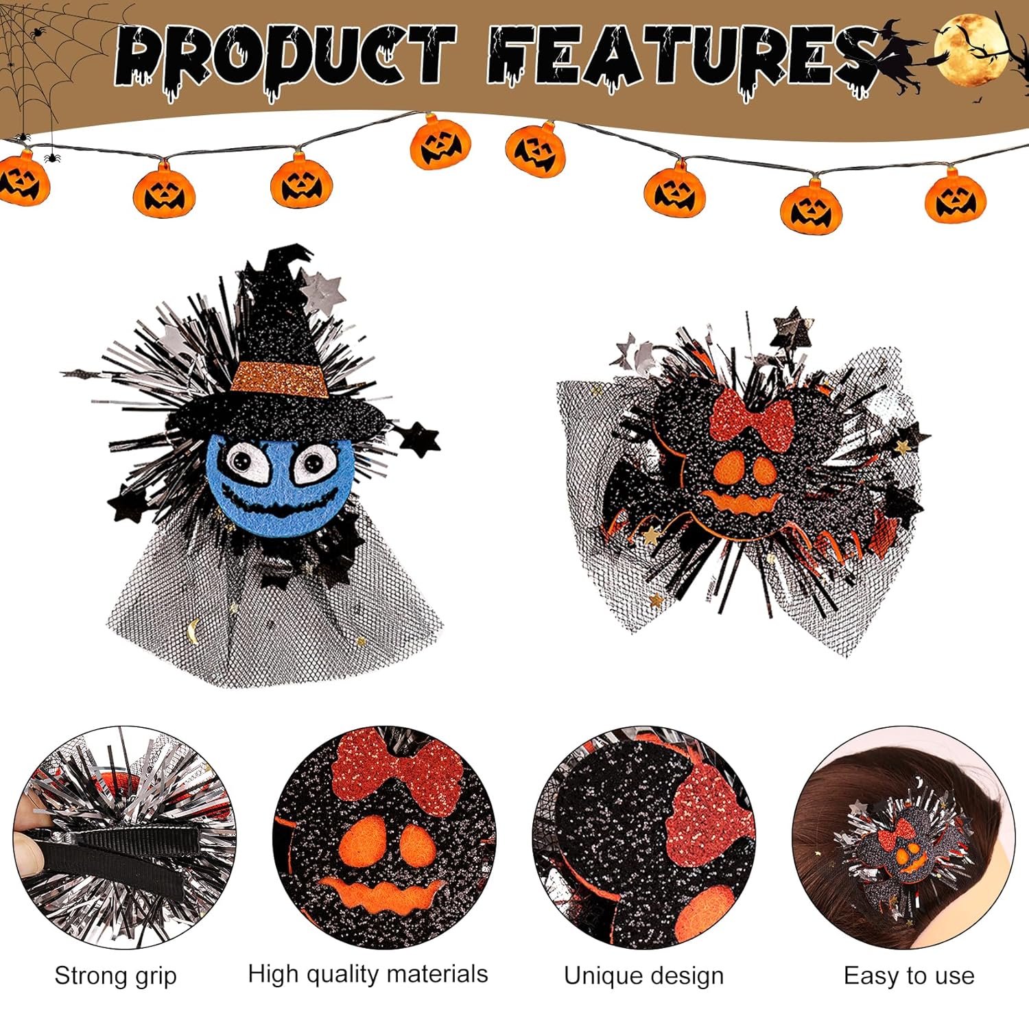 12 pinzas para el cabello de dibujos animados de Halloween, calabaza, fantasma, murciélago, bruja, sombrero de calavera, pasadores, pinzas de