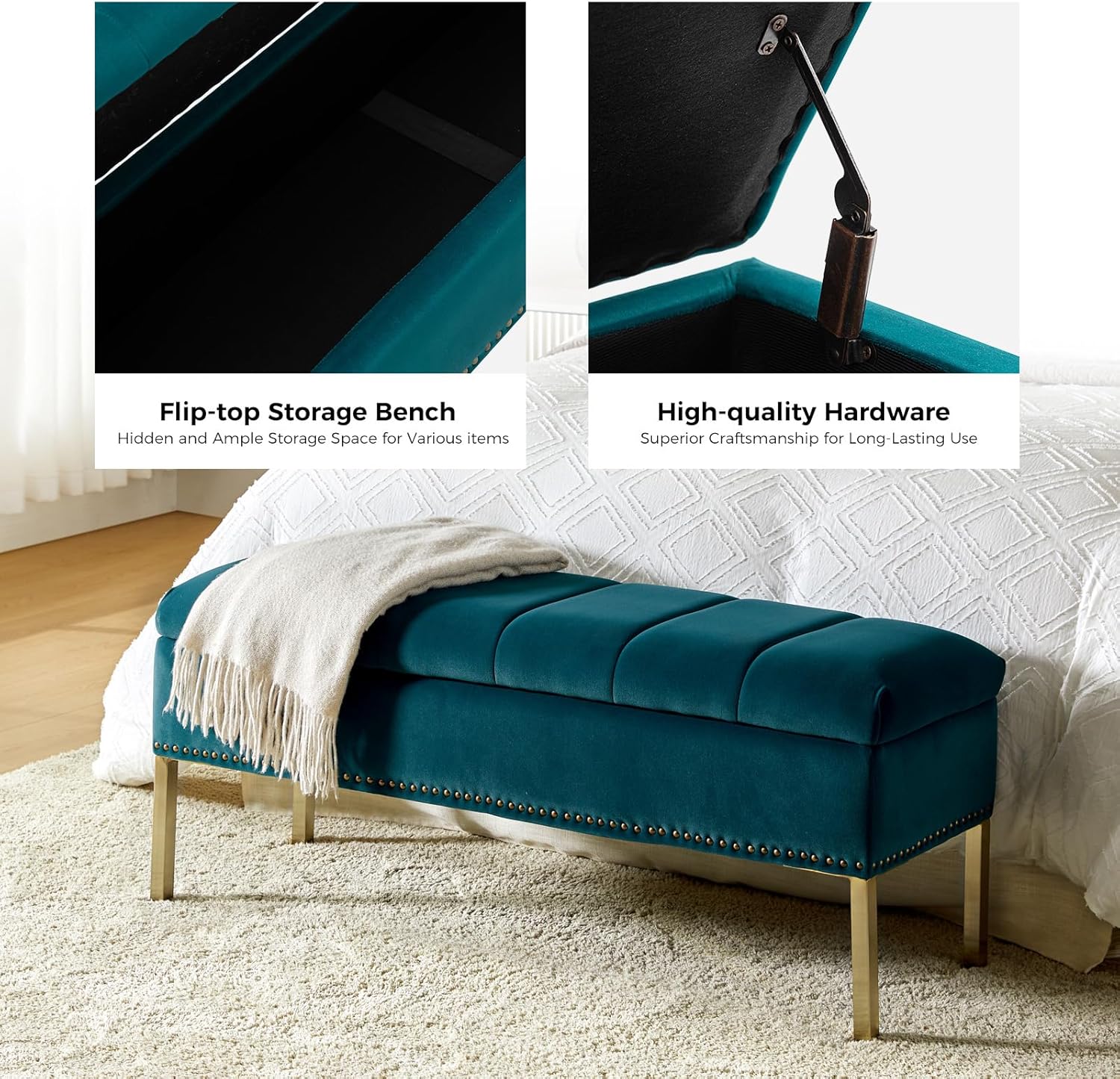 HULALA HOME Banco otomano moderno de terciopelo con tapa abatible con borde de clavos, banco tapizado para dormitorio para el extremo de la cama,