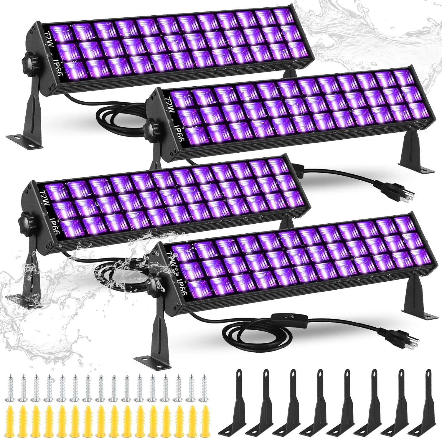 Paquete de 4 barras de luz negra de 72 W, luz negra LED impermeable IP66 con enchufe+interruptor+cable de 5 pies, luces negras para fiesta
