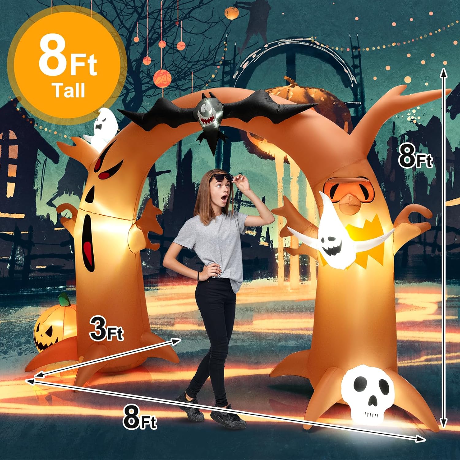 COSTWAY Arco de árbol muerto inflable de Halloween de 8 pies de alto con murciélago, luces LED brillantes y soplador integrado