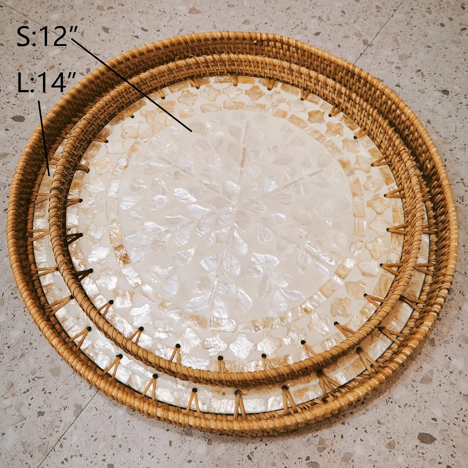 Cesta redonda de ratán de 12 pulgadas con base de madera de mopa beige, bandeja otomana de mimbre grande con 1 pulgada, platos tejidos para