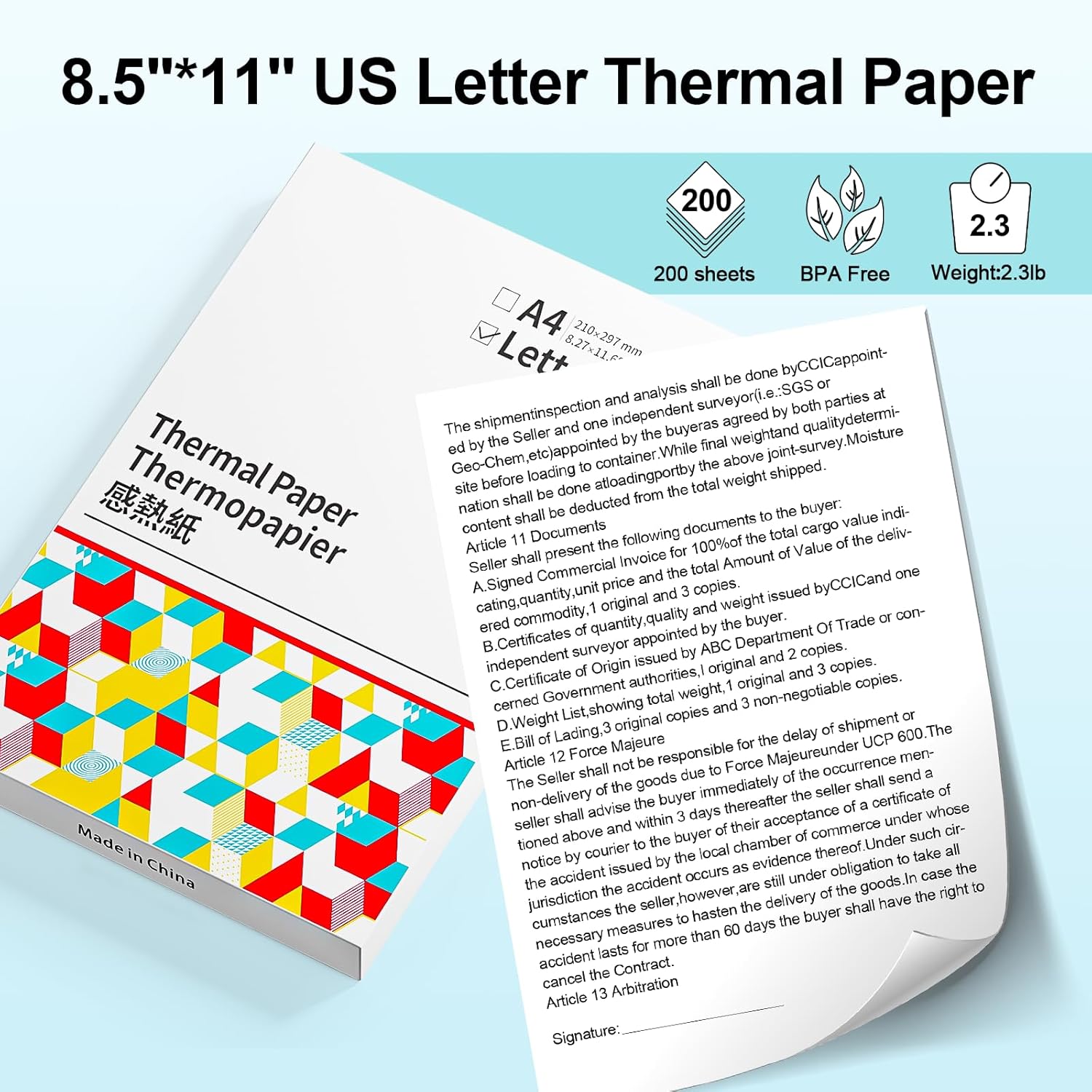Papel térmico de 8.5 x 11 pulgadas, tamaño carta, multiusos, 200 hojas, papel de impresora compatible con M08F-Letter, impresora Brother PJ Series,