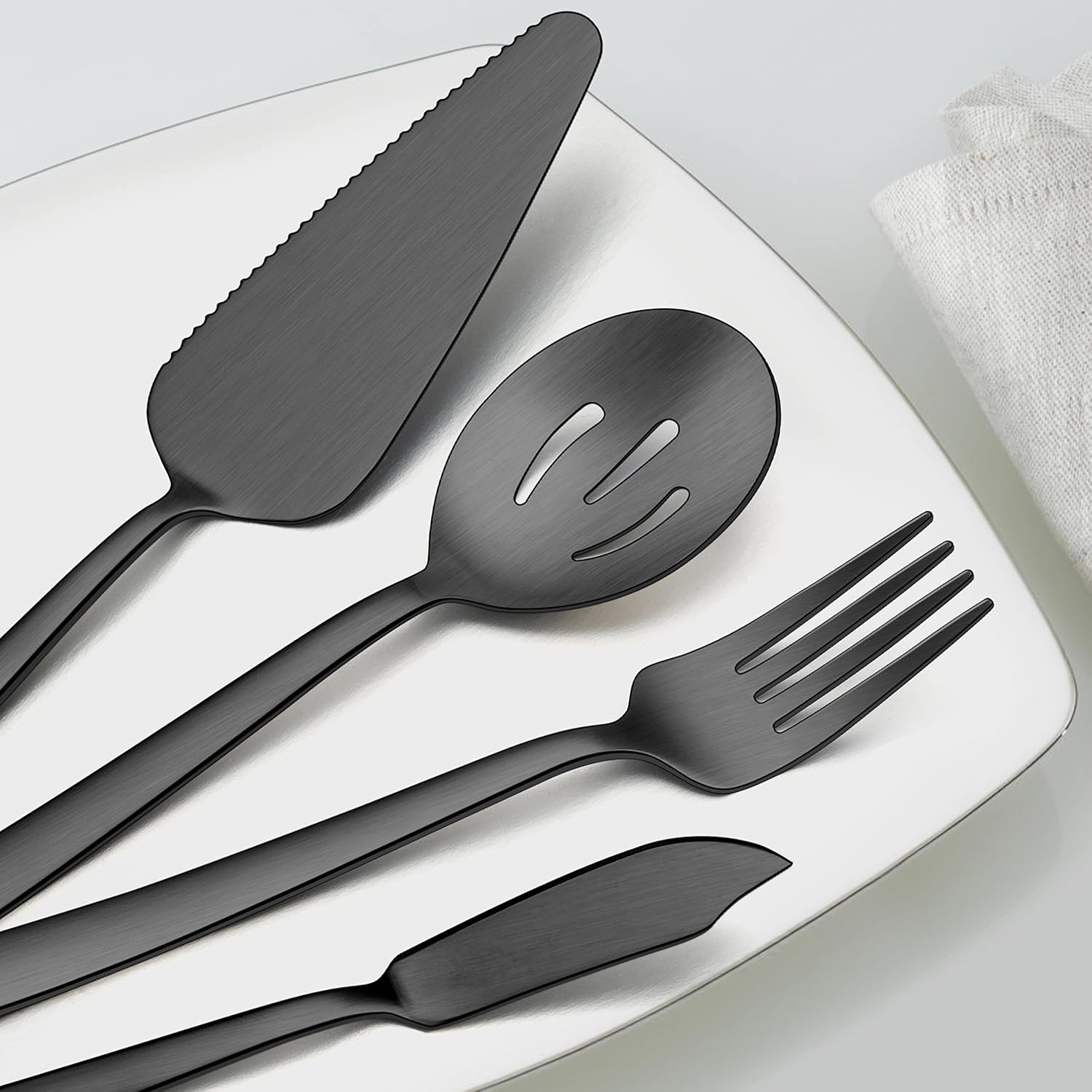 E-far Juego de 5 utensilios de servir color negro mate, utensilios de metal para servir catering, juego de servir de anfitriona de acero inoxidable