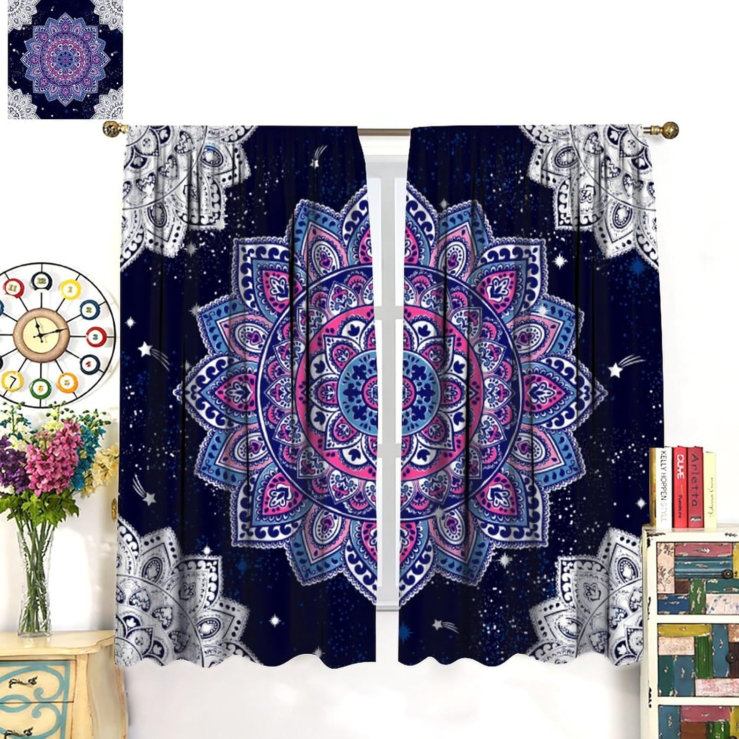 Cortinas de mandala bohemias moradas, hermosas flores de pavo real, fondo blanco y negro, con bolsillo para barra, cortinas de ventana para