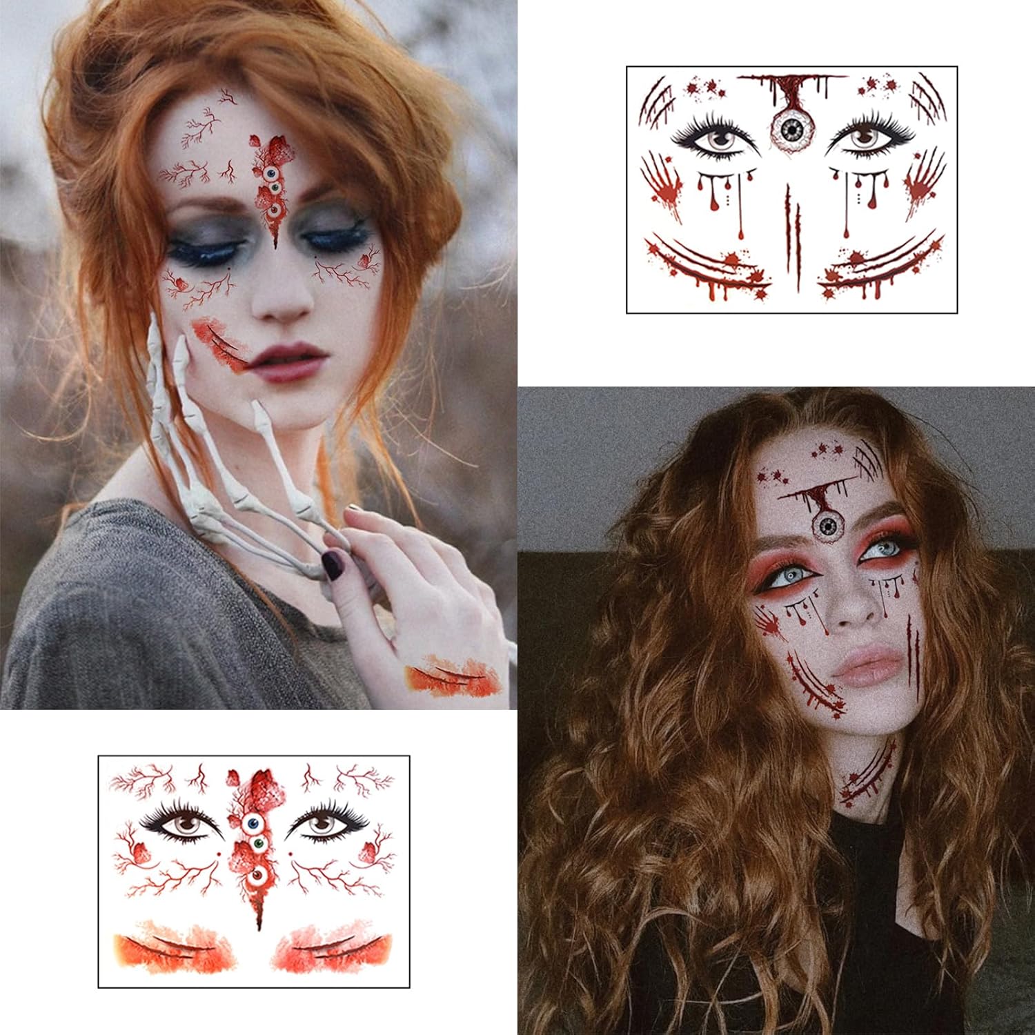 8 piezas de tatuajes faciales de Halloween, de terror, realista, falsa herida sangrienta, cicatriz, impermeable, temporal, tatuaje, calcomanías de