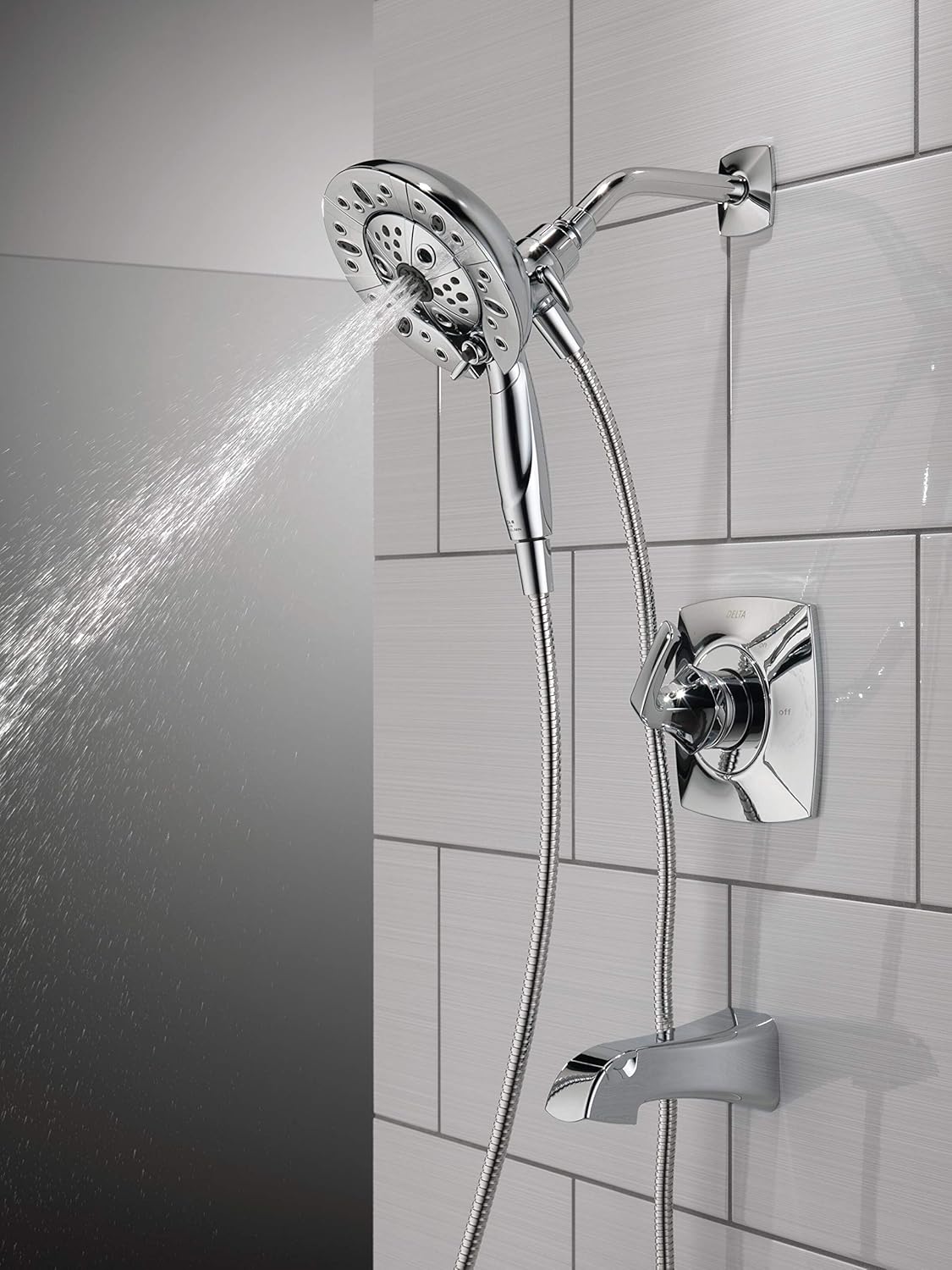 Delta Faucet Vesna 144789-I – Kit de molduras de ducha de un solo mango con cabezal de ducha de mano doble H2Okinetic In2ition de 5 pulverizaciones