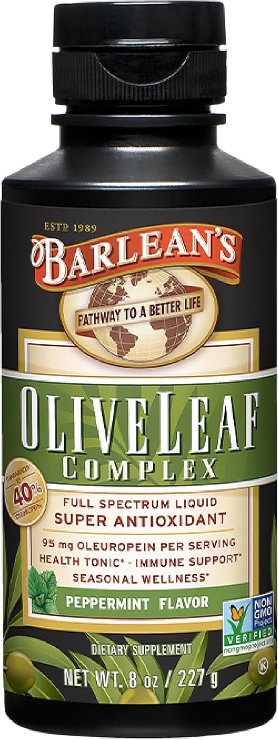 Barlean’s Peppermint Olive Leaf Complex Liquid Immune Support Supplement with 95mg Oleuropein Antioxidants for Seasonal Wellness, Heart Health, &