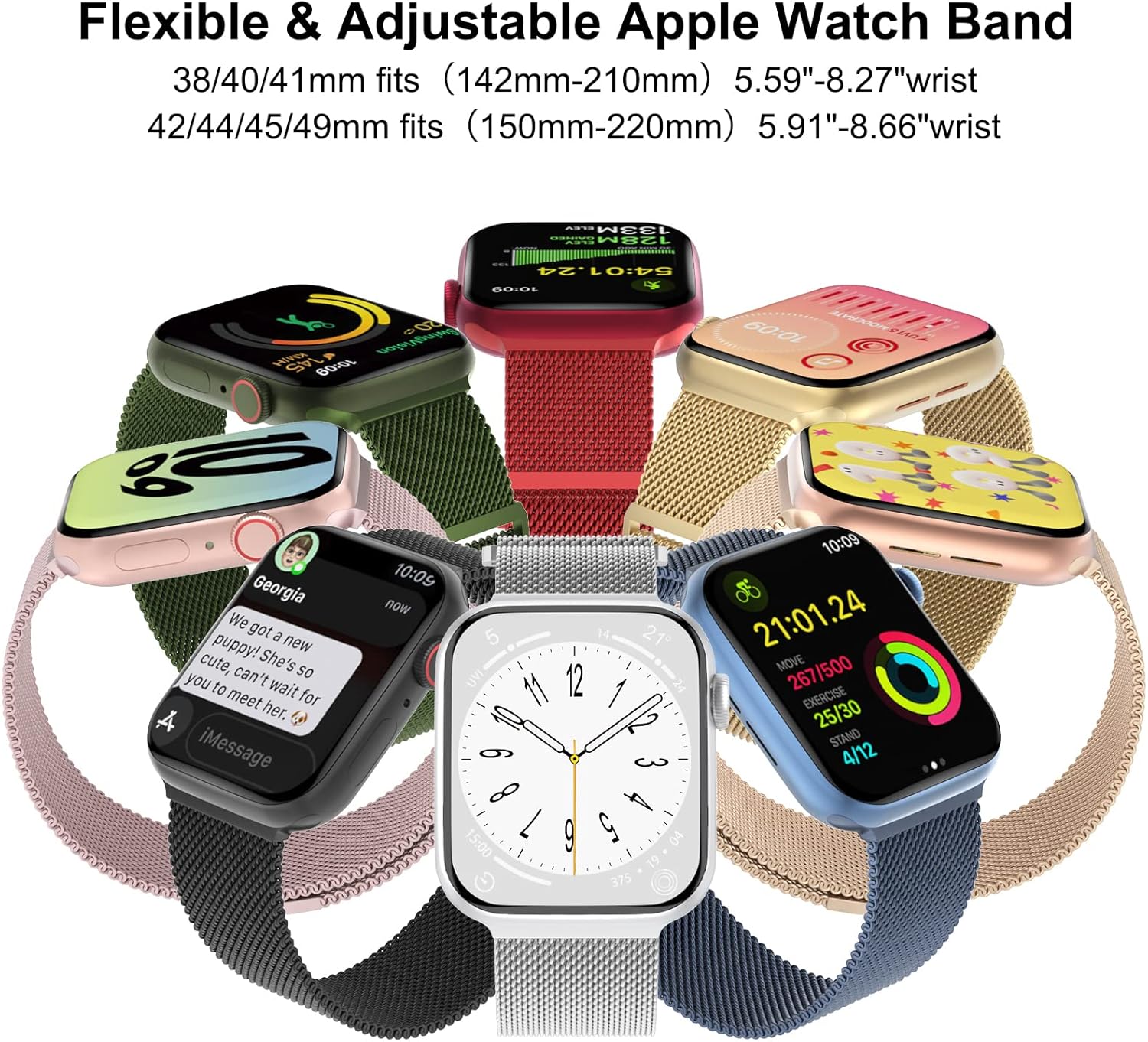 Steezrd Paquete de 3 correas metálicas de malla compatibles con Apple Watch de 1.496 in 1.575 in 1.614 in 1.654 in 1.732 in 1.772 in 1.929 in,