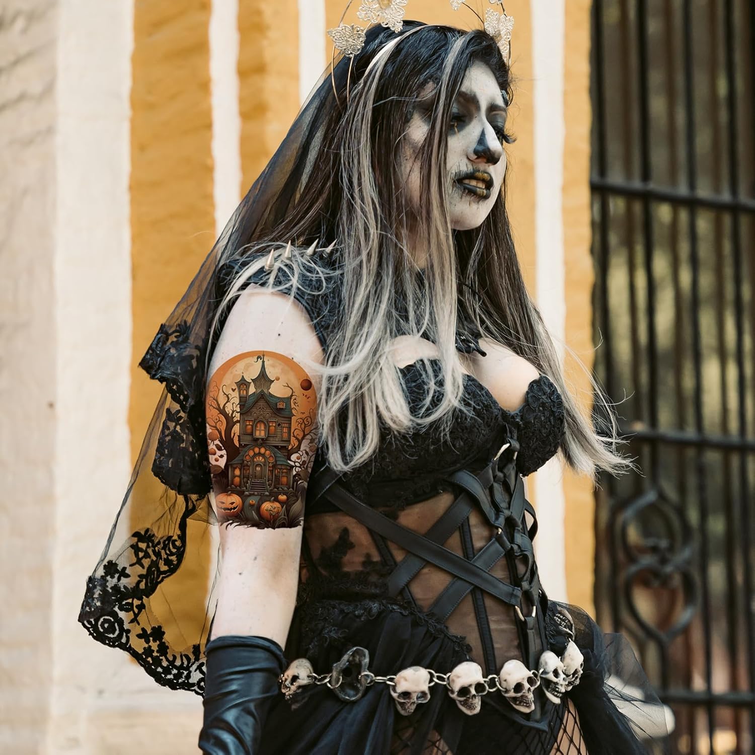 CARGEN Mangas de tatuajes temporales de Halloween, 6 hojas de Halloween, medio brazo largo, calavera, calabaza, mangas de tatuaje temporal para