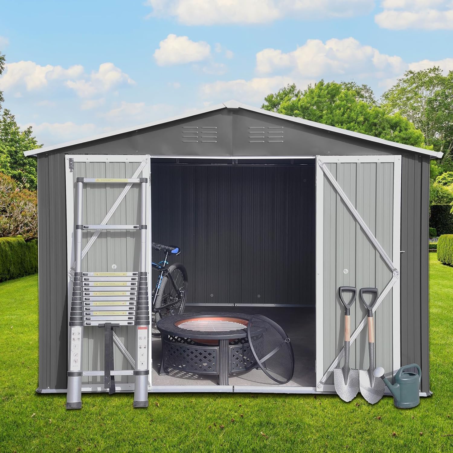 Cobertizo de almacenamiento para exteriores de 10 x 8 pies, cobertizos de metal para todo tipo de clima con base de metal y puertas con cerradura,