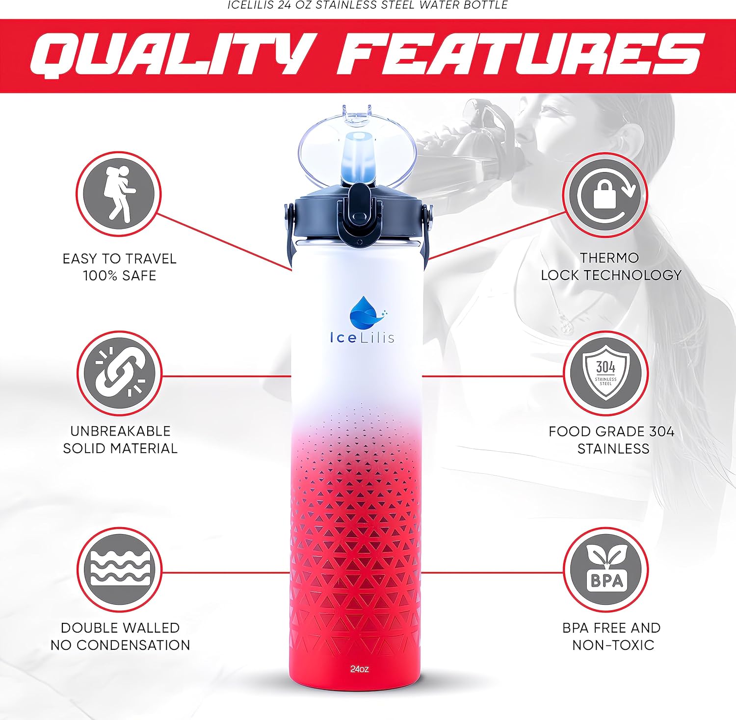 ICELILIS Botella de agua de acero inoxidable de 24 onzas, tapa de popote y tapa de boquilla, aislada al vacío, a prueba de fugas, sin BPA, regalo