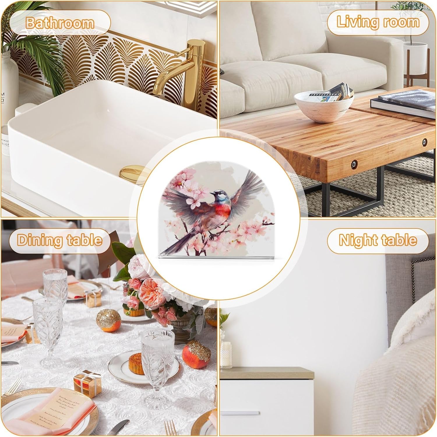 Servilletero de acrílico con diseño de flores rosas y pájaros, moderno, decorativo, para mesa, cocina, oficina, restaurante