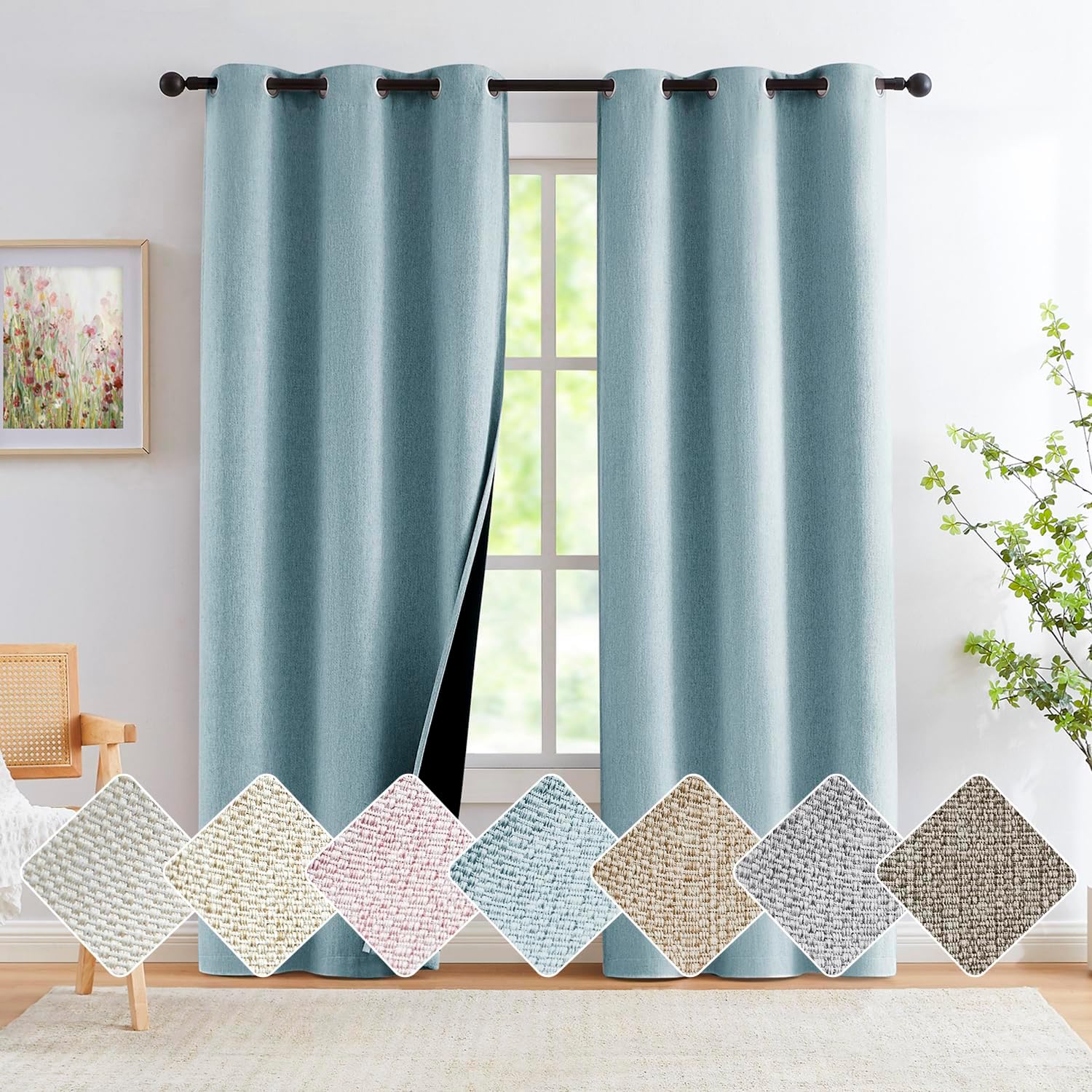 Cortinas de lino opacas completas para dormitorio, color azul aguamarina, arpillera retro de lino texturizado, tratamiento de ventana, bloqueo de