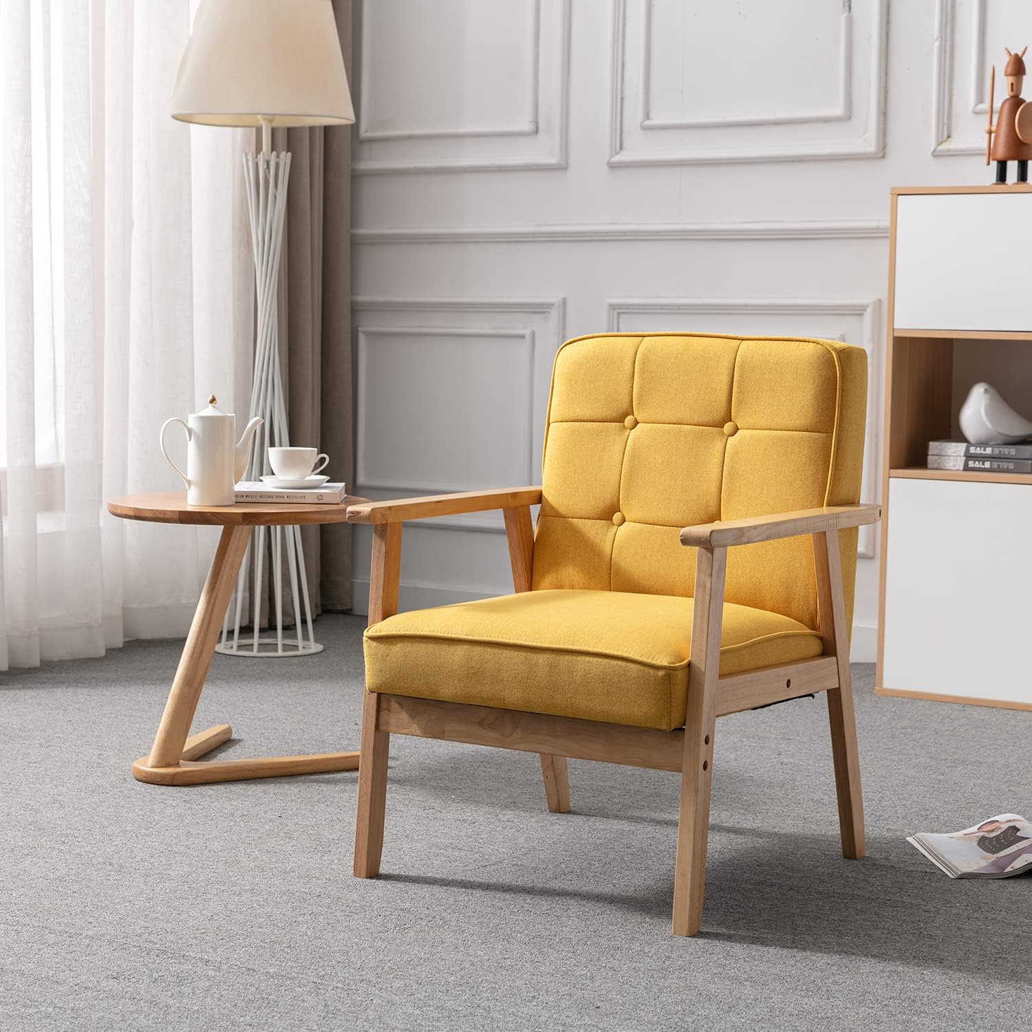 Okeysen Juego de 2 sillas decorativas, sillón retro de tela moderna de mediados de siglo para sala de estar, sofá individual de madera maciza con