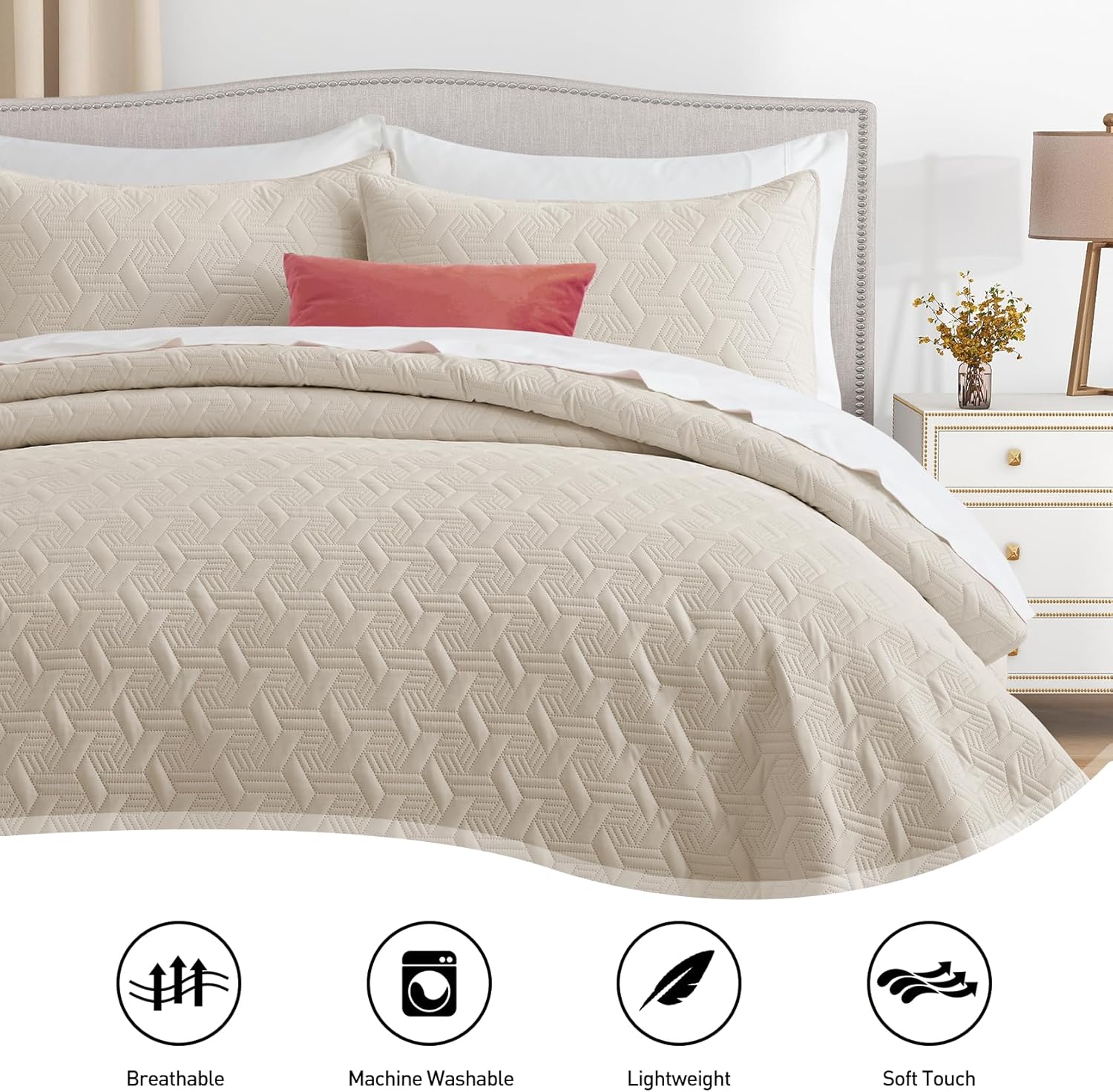 Juego de ropa de cama tamaño California King, color beige, colcha y colcha de microfibra suave y ligera de verano para todas las estaciones, 3