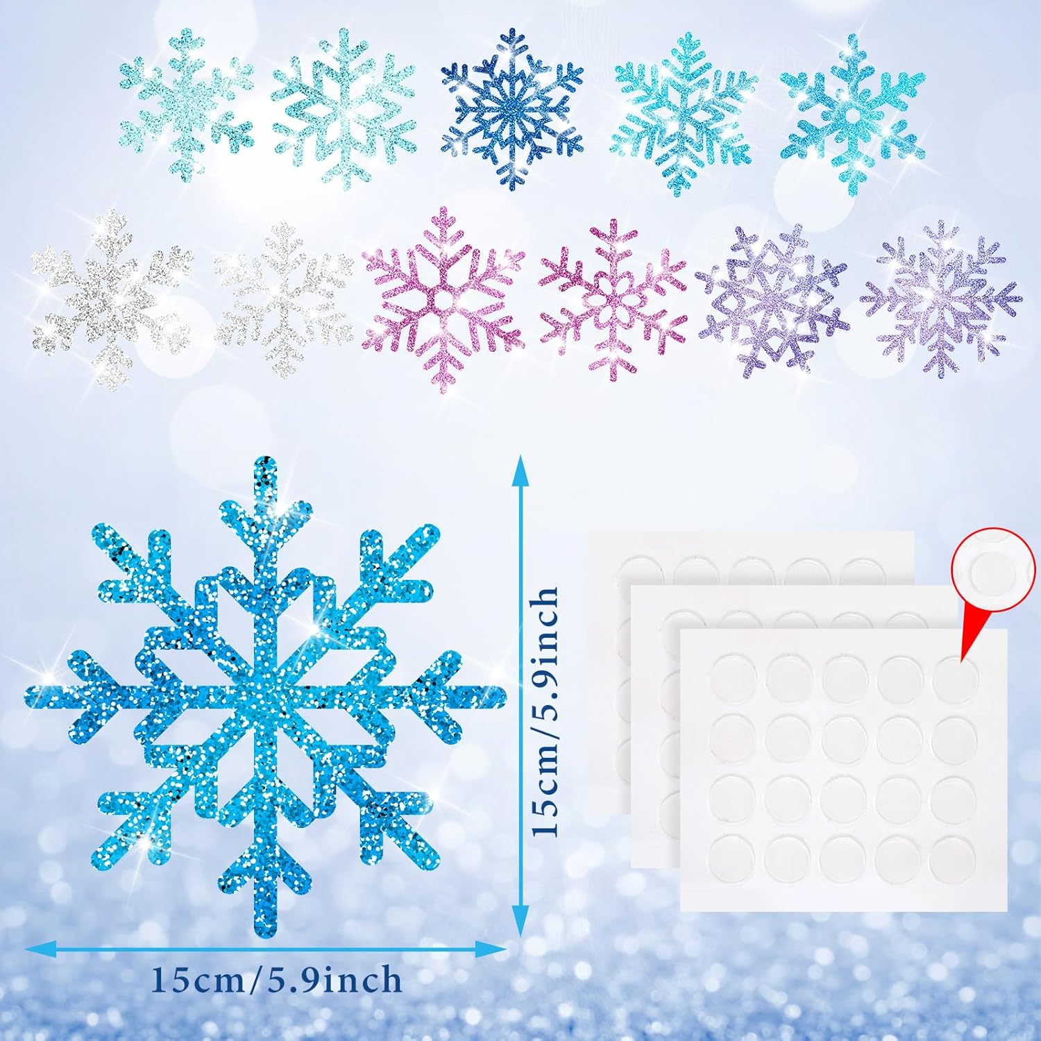 Zonon 48 piezas de recortes de copo de nieve para decoración de invierno y Navidad, recortes de papel de copo de nieve con puntos de pegamento para