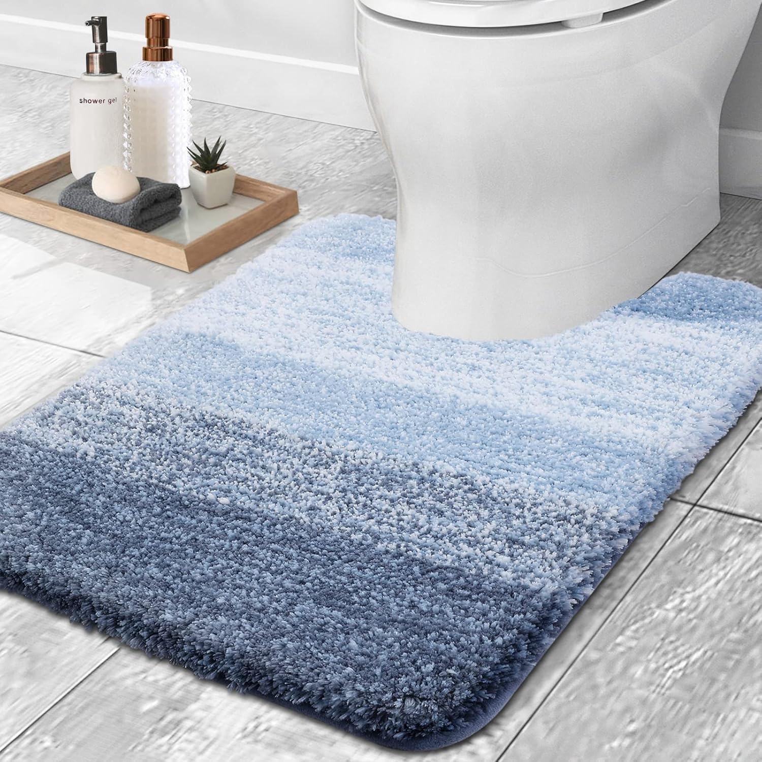 OLANLY Alfombra de baño y aseo en forma de U, tamaño 24 x 20 pulgadas, juego de alfombras de baño de 30 x 20 + 24 x 16 pulgadas, color azul, paquete