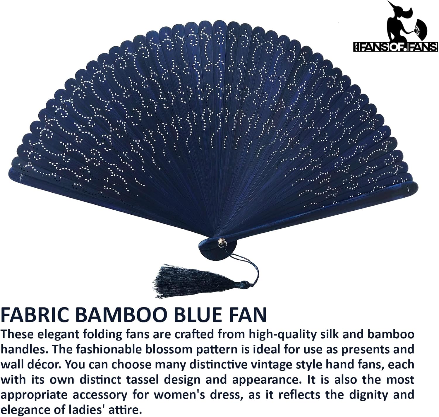 FANSOF.FANS Abanico plegable de madera azul marino grabado con una bolsa (HQF17)