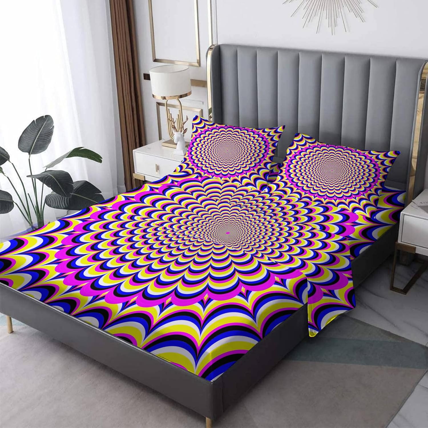Sábanas de ilusión óptica tamaño Queen, sábanas y fundas de almohada con patrón psicodélico, bolsillo profundo de 16 pulgadas, juego de sábanas