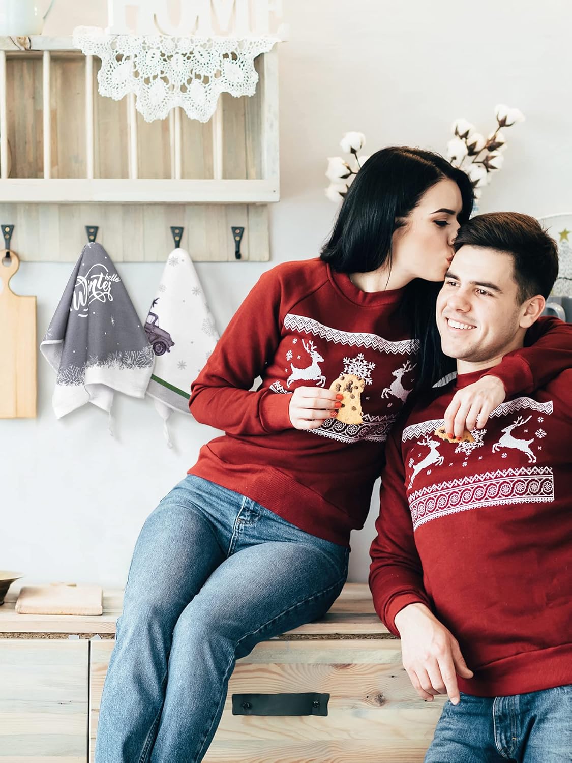 Bencailor 4 toallas de cocina de Navidad a cuadros de búfalo, paños de cocina de invierno, copos de nieve, camiones, toallas de mano, paños de