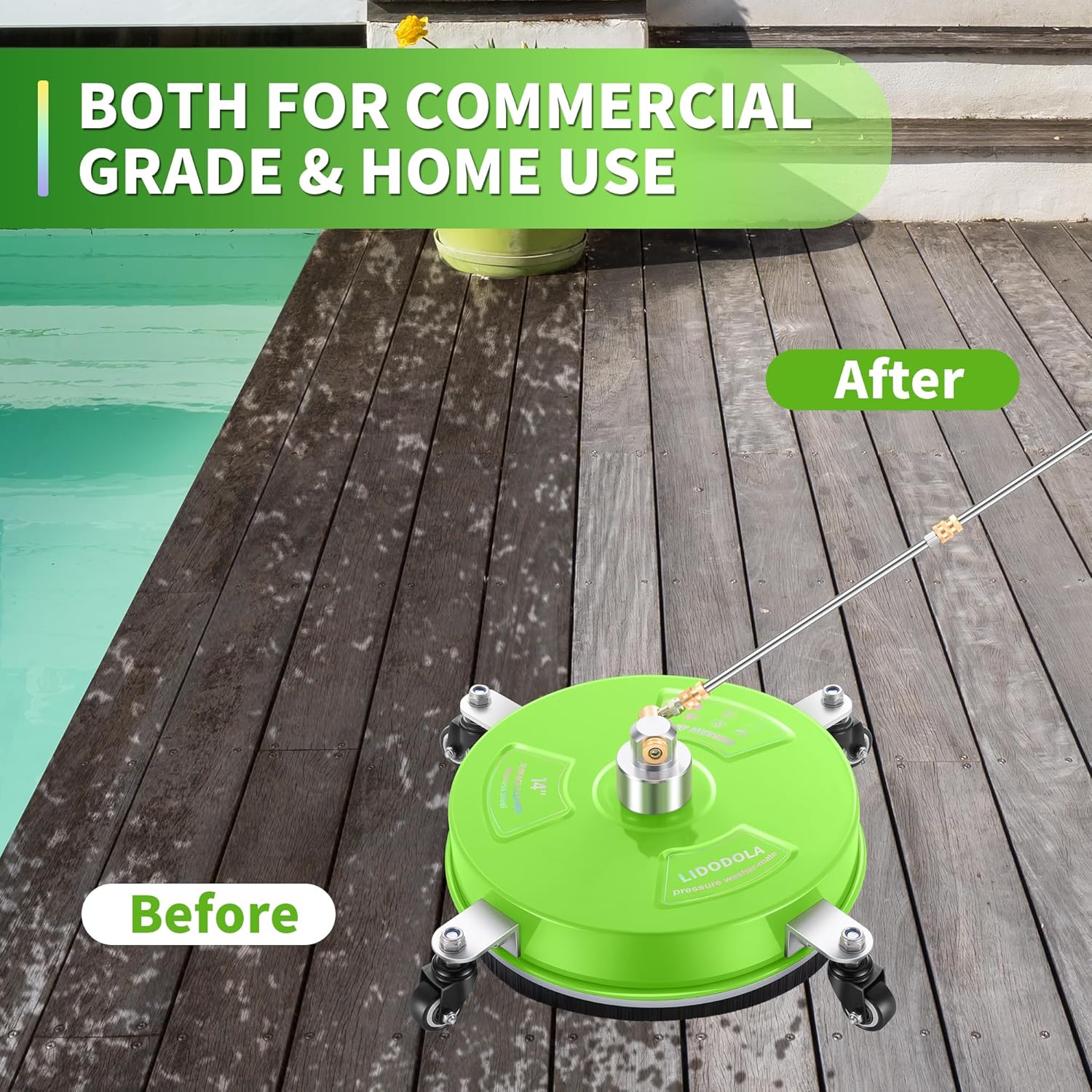 PWS14G – Limpiador de superficies de hidrolavadora de 14 pulgadas con 4 ruedas, limpiador de superficies de acero inoxidable verde recubierto para