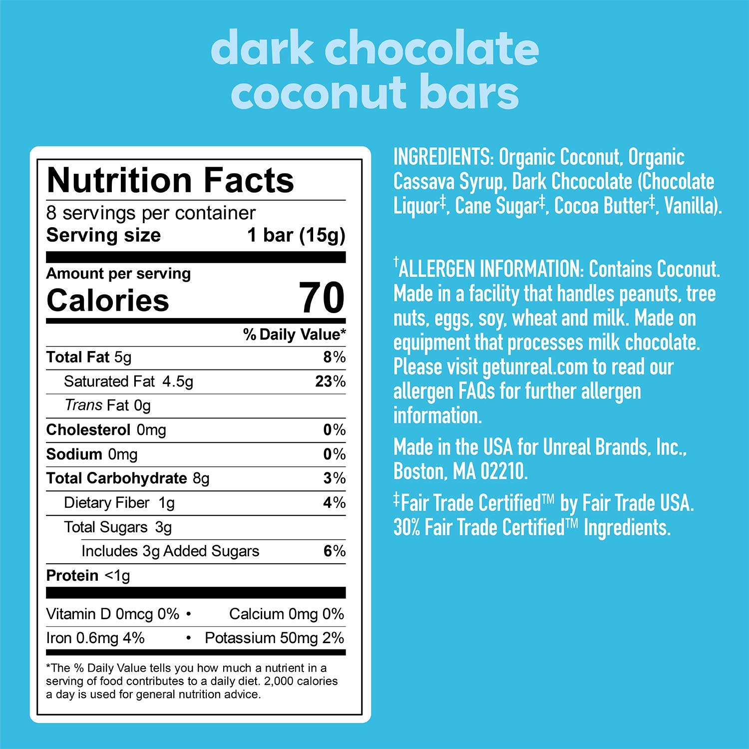 Barras de coco de chocolate oscuro de UNREAL Edition  0.11 oz de azúcar  Certificado vegano, sin gluten, comercio justo, sin OMG  Sin alcoholes de