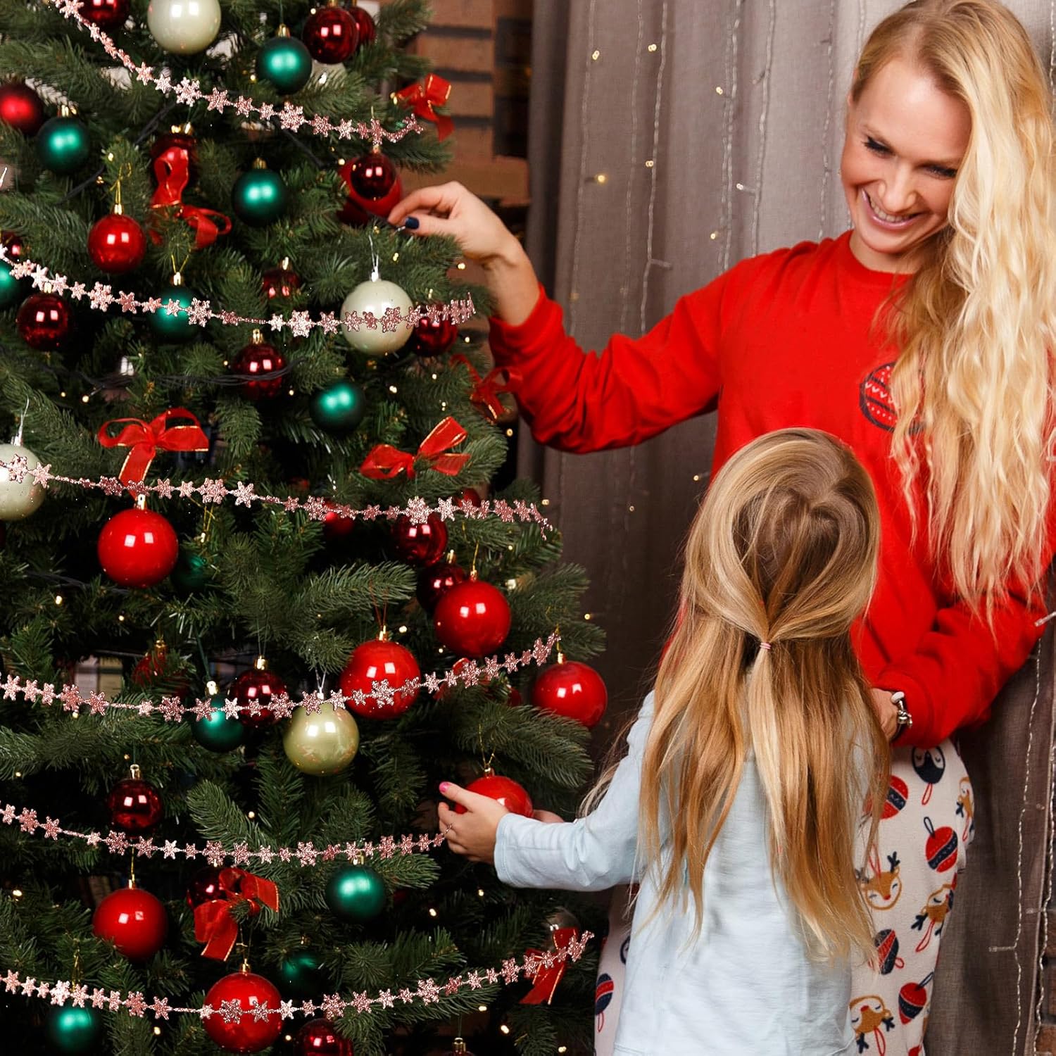 Boao Guirnalda colgante de copo de nieve de 32.8 pies, decoración de árbol de Navidad, guirnalda de copos de nieve de invierno con purpurina,