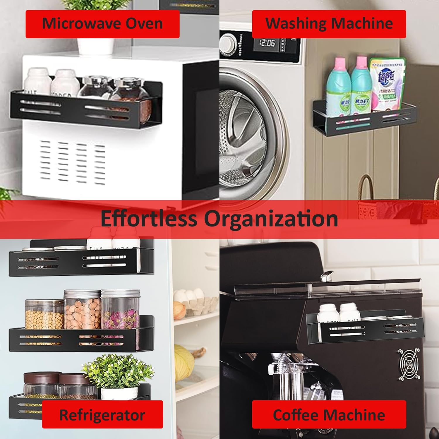 Paquete de 3 organizadores magnéticos para especias para refrigerador con 1 barra de ganchos, organizador magnético para refrigerador con soporte de