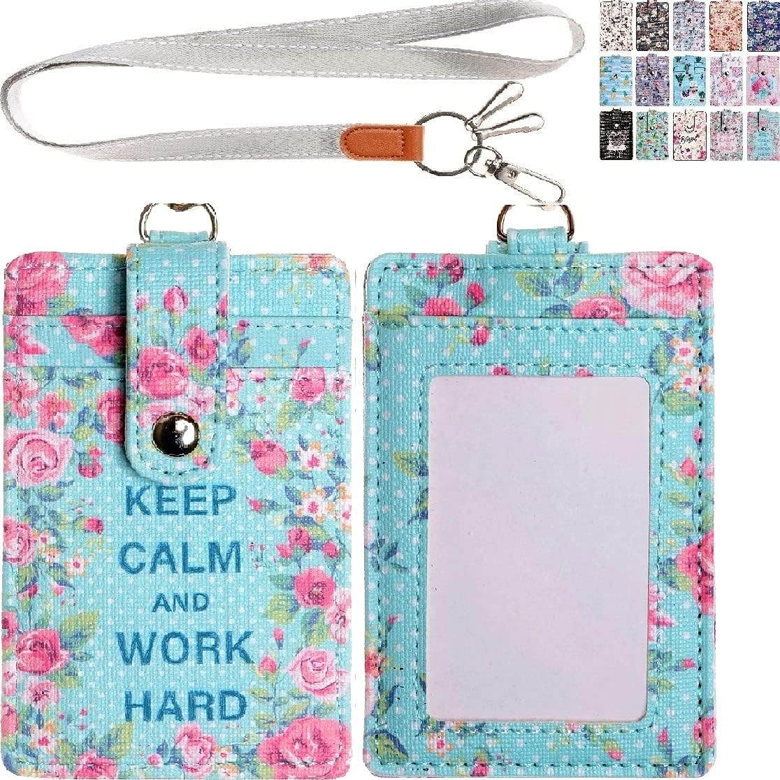 Funda porta tarjeta de identificación de piel sintética con 1 ventana para identificación, 2 ranuras para tarjetas, 2 llaveros y correa para el