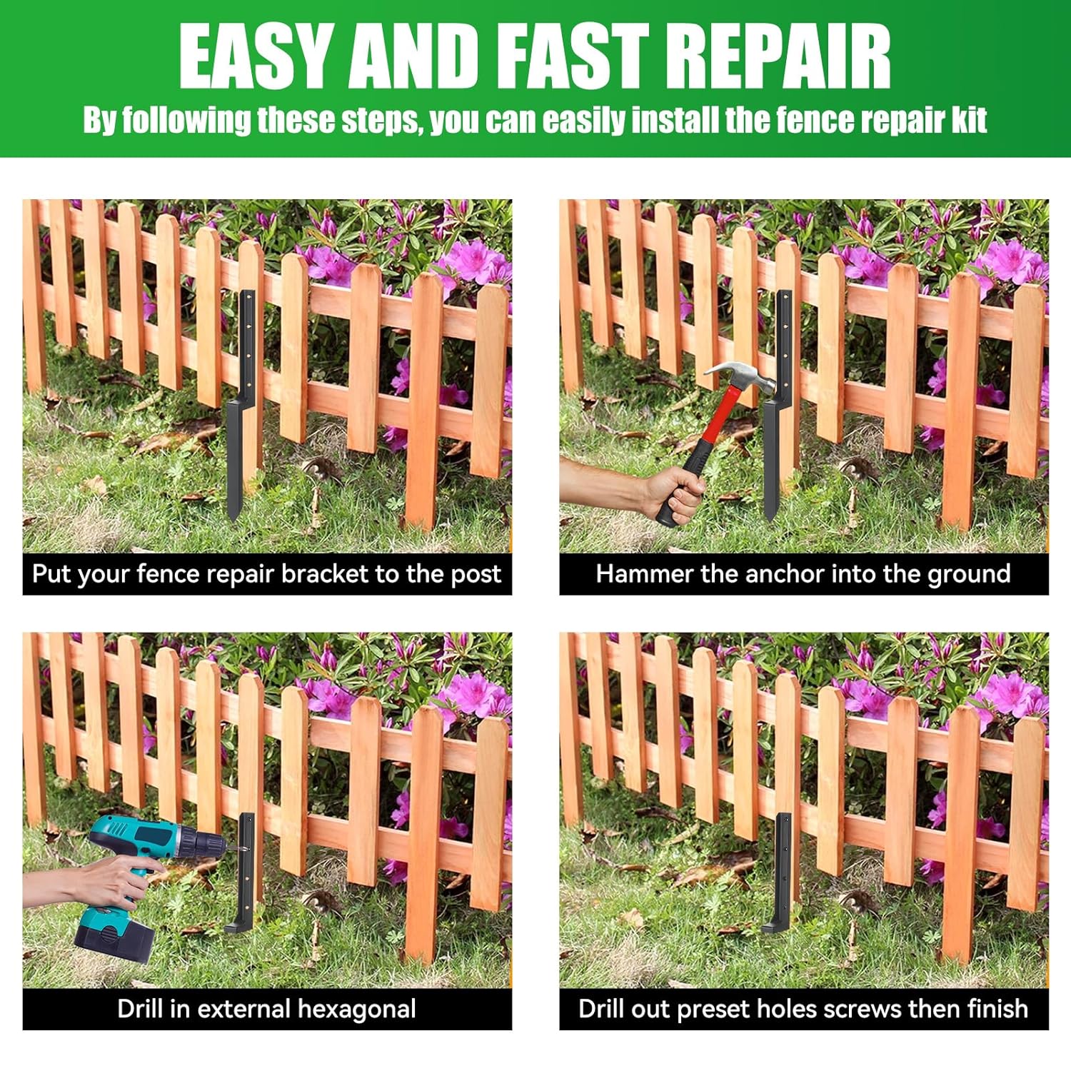 Estacas de reparación de postes de cerca, kit de reparación de postes de acero resistente, poste de anclaje de valla de tierra para reparación de