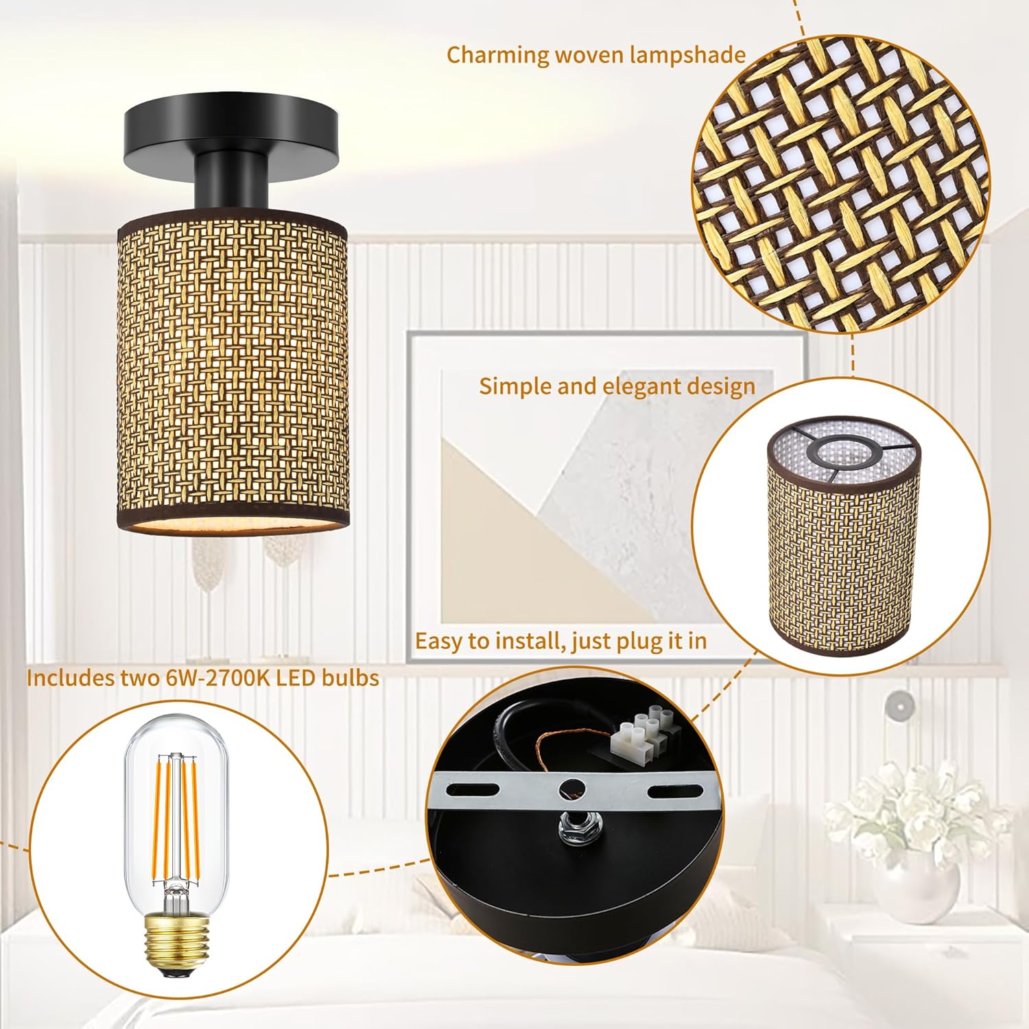 Lámparas bohemias para montaje en techo, candelabro de ratán de granja, pantalla de jaula tejida a mano, luces de techo semiempotradas para