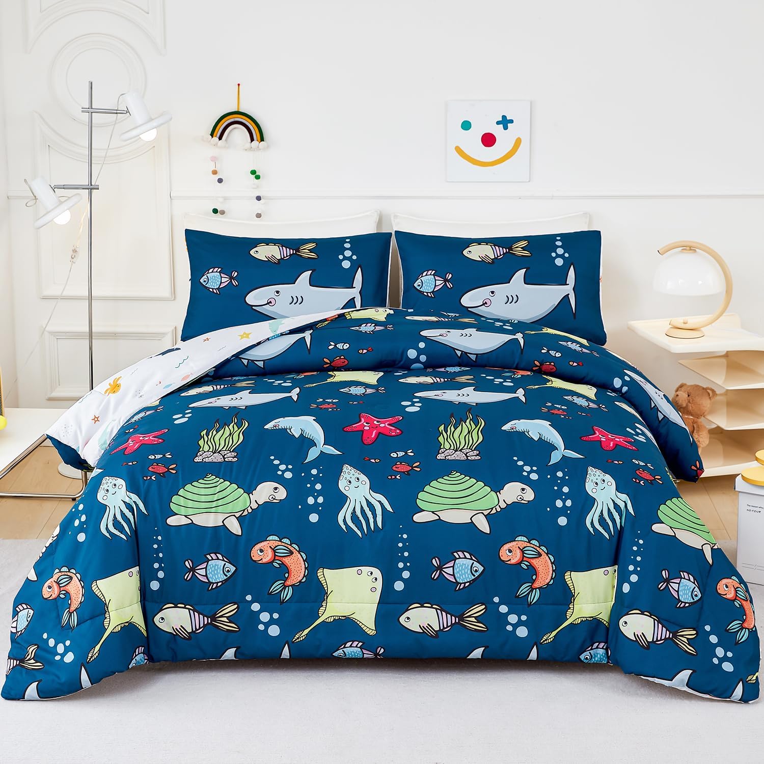 WINLIFE Juego de edredón matrimonial de 3 piezas para niños, edredón reversible súper suave para adolescentes, edredón estampado con tema oceánico,