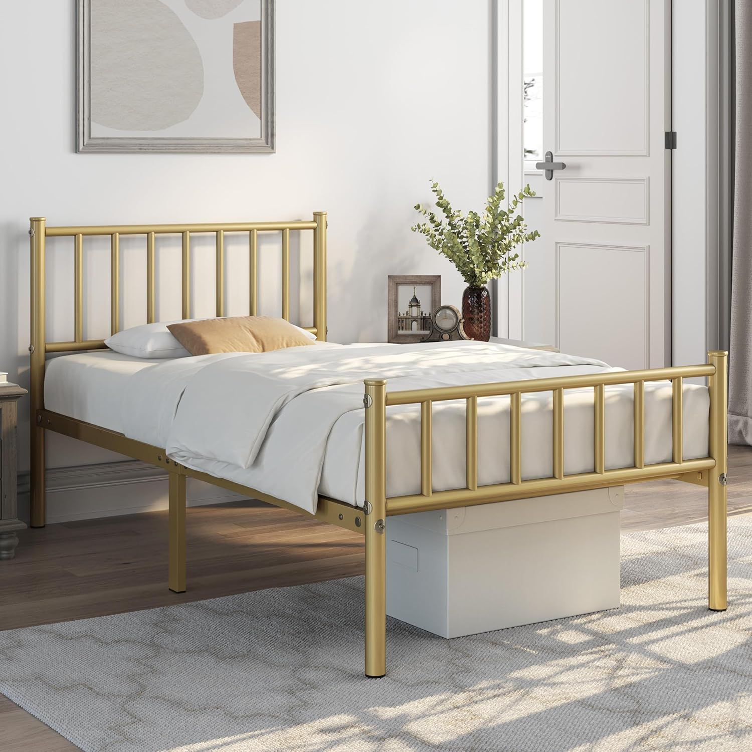 Yaheetech Base de cama tamaño individual con plataforma de metal, base de colchón con cabecero y estribo, no necesita somier, almacenamiento debajo