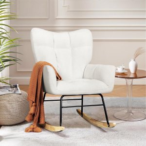 Mecedora para guardería, cómoda mecedora para bebé, respaldo alto, tela Sherpa acolchada, para dormitorio, enfermería, sala de estar, color blanco Mecedora para guardería, cómoda mecedora para bebé, respaldo alto, tela Sherpa acolchada, para dormitorio, enfermería, sala de estar, color blanco