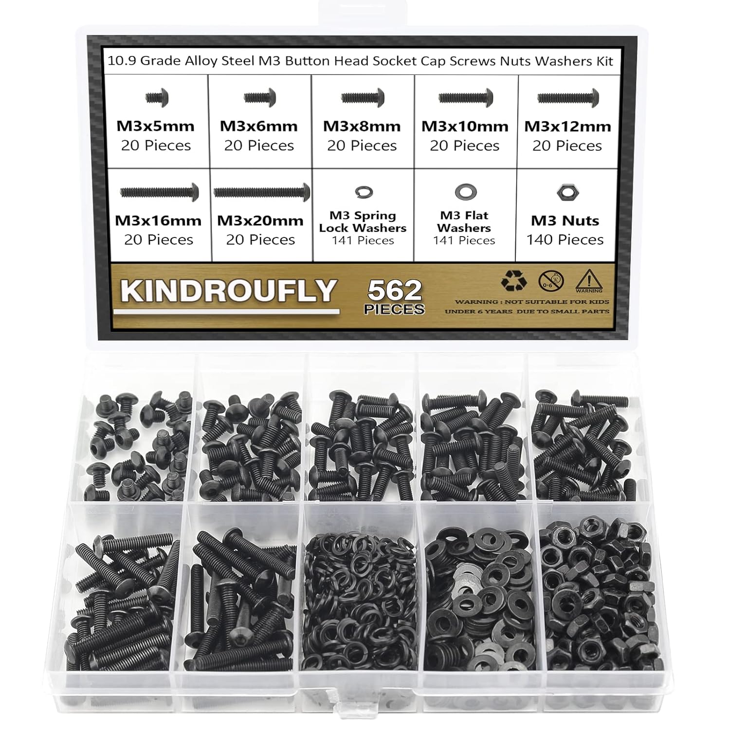 Kindroufly Juego de 562 piezas negras M3 x 5681012160.787 in, tornillos y arandelas de cabeza de botón, kit surtido de tuercas y arandelas de acero