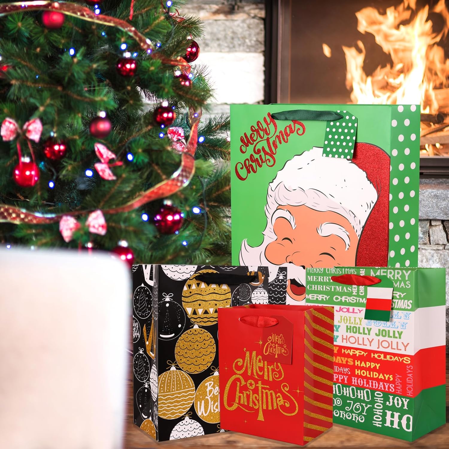 Giiffu Bolsas de regalo brillantes de Navidad, 12 estilos de bolsas de Navidad a granel, bolsas de Navidad con asas, bolsas de regalo reutilizables,