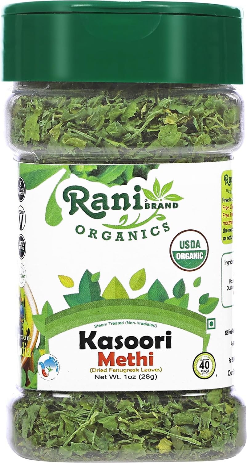 Rani Hojas de fenogreco orgánicas secas (Kasoori Methi) 1 oz (28 g) Tarro PET  Todo natural  Vegano  Apto para gluten  Sin OMG  Origen indio