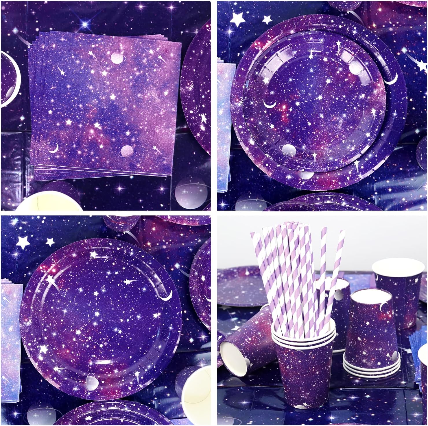 Suministros de fiesta de galaxia, incluye telón de fondo de cumpleaños de galaxia espacial, platos, servilletas, vasos, mantel, globos, globos de