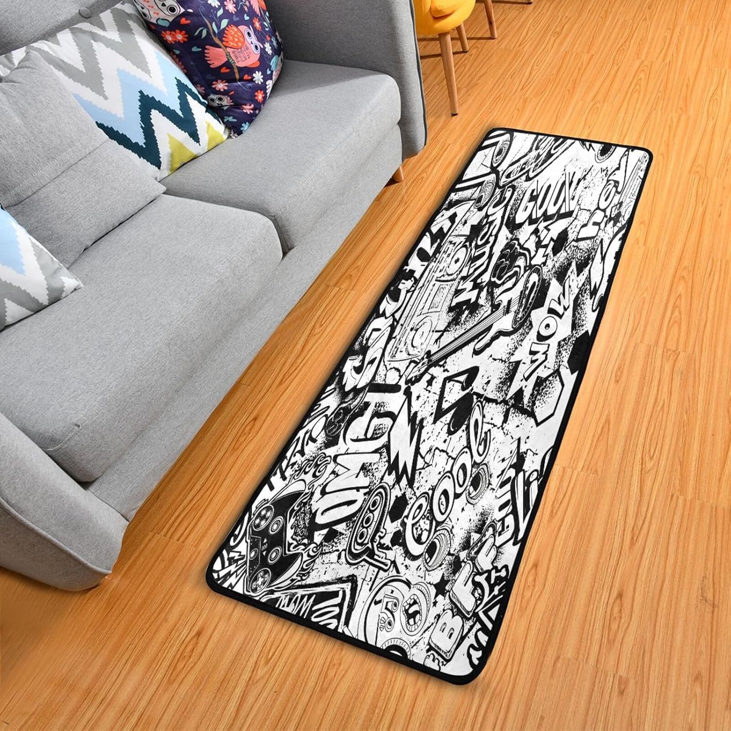 Alfombra de pasillo de graffiti blanco y negro, 24 x 72 pulgadas, ultra suave, antideslizante, lavable, para cocina, baño, entrada y decoración del