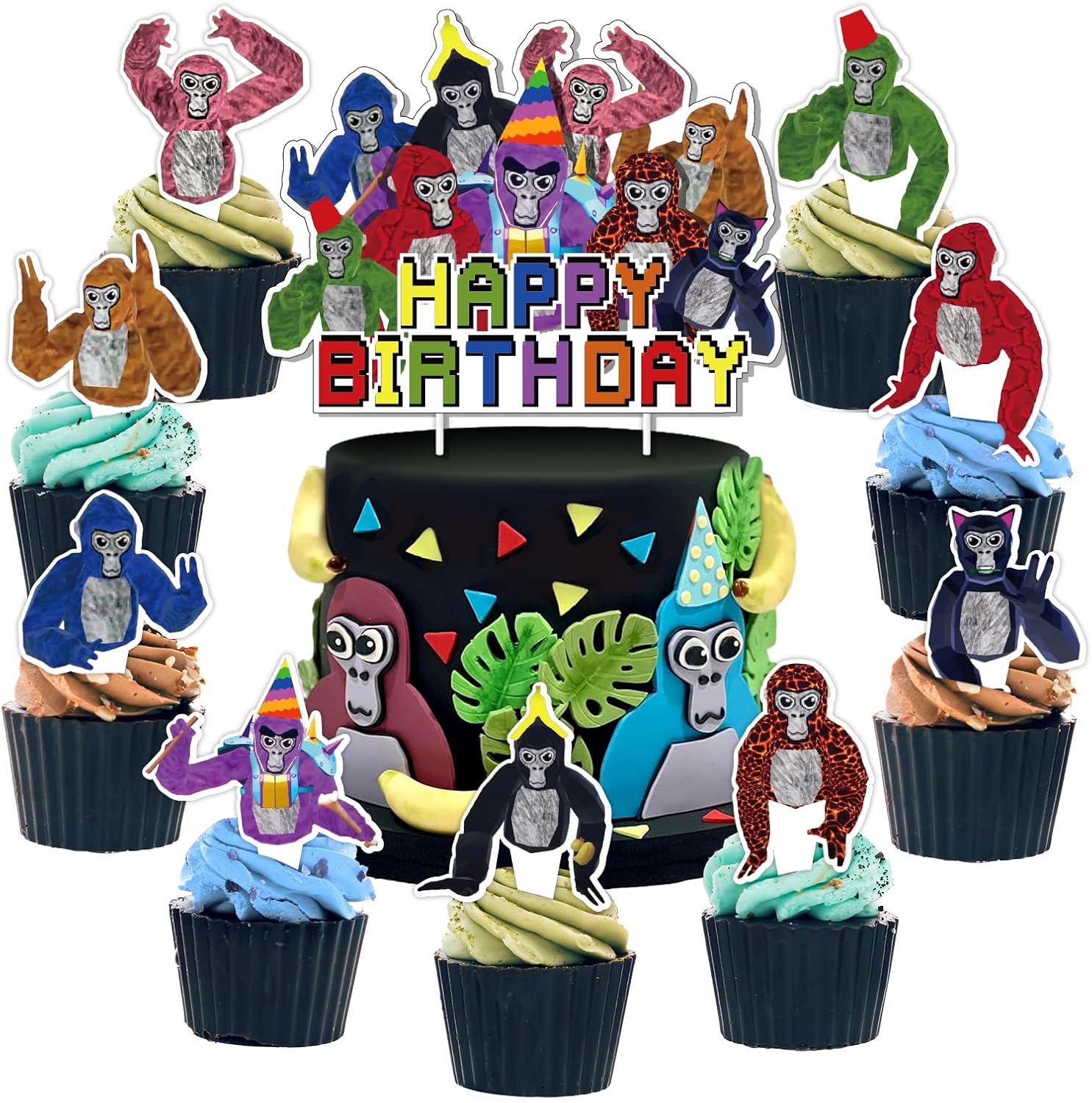 Decoración de fiesta de juego de gorila, adornos para tartas de juego de gorila, decoración de cupcakes para fiesta temática de realidad virtual,