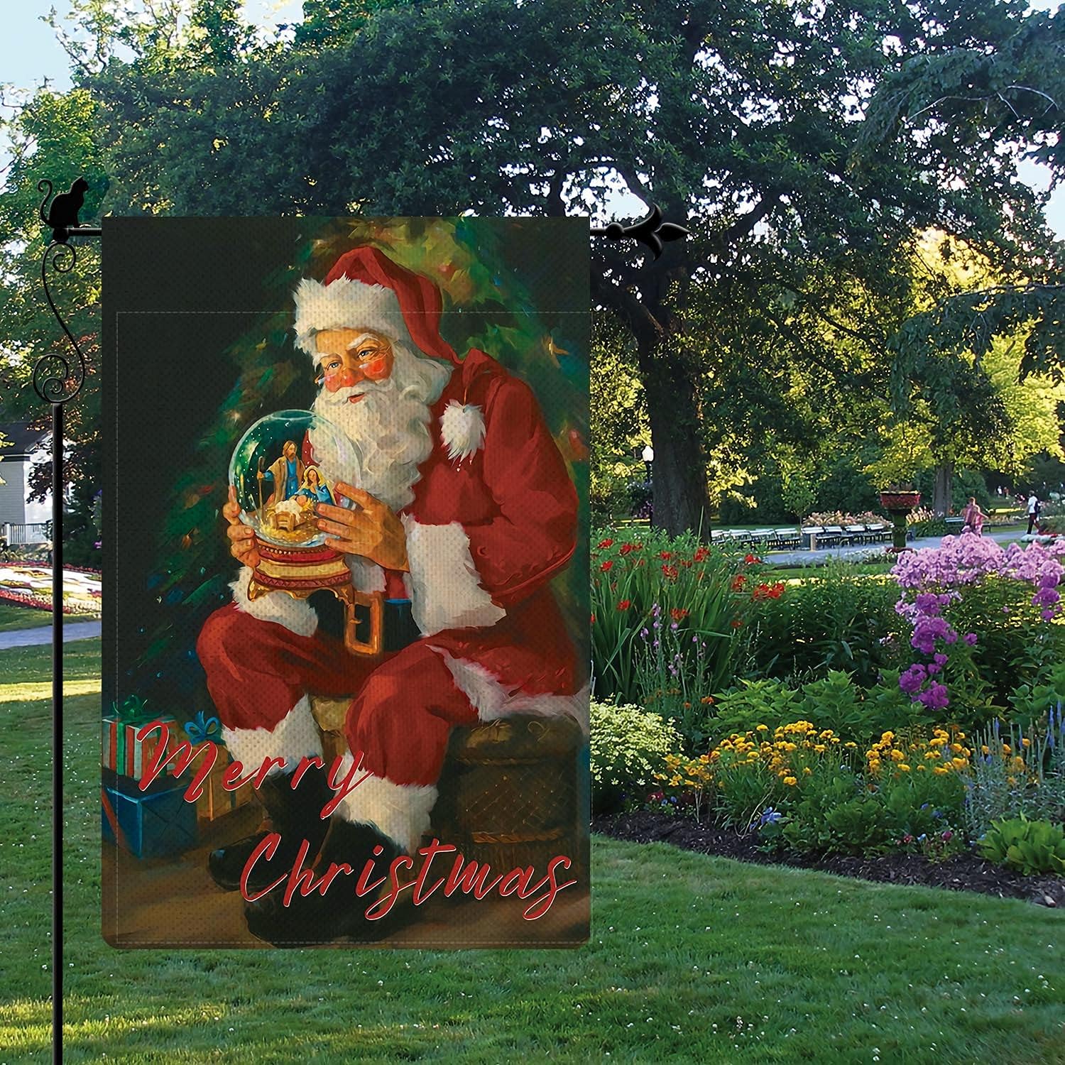Bandera de jardín de Navidad con bola de cristal de Papá Noel, bandera vertical de doble cara rústica de arpillera para patio, césped, decoración al