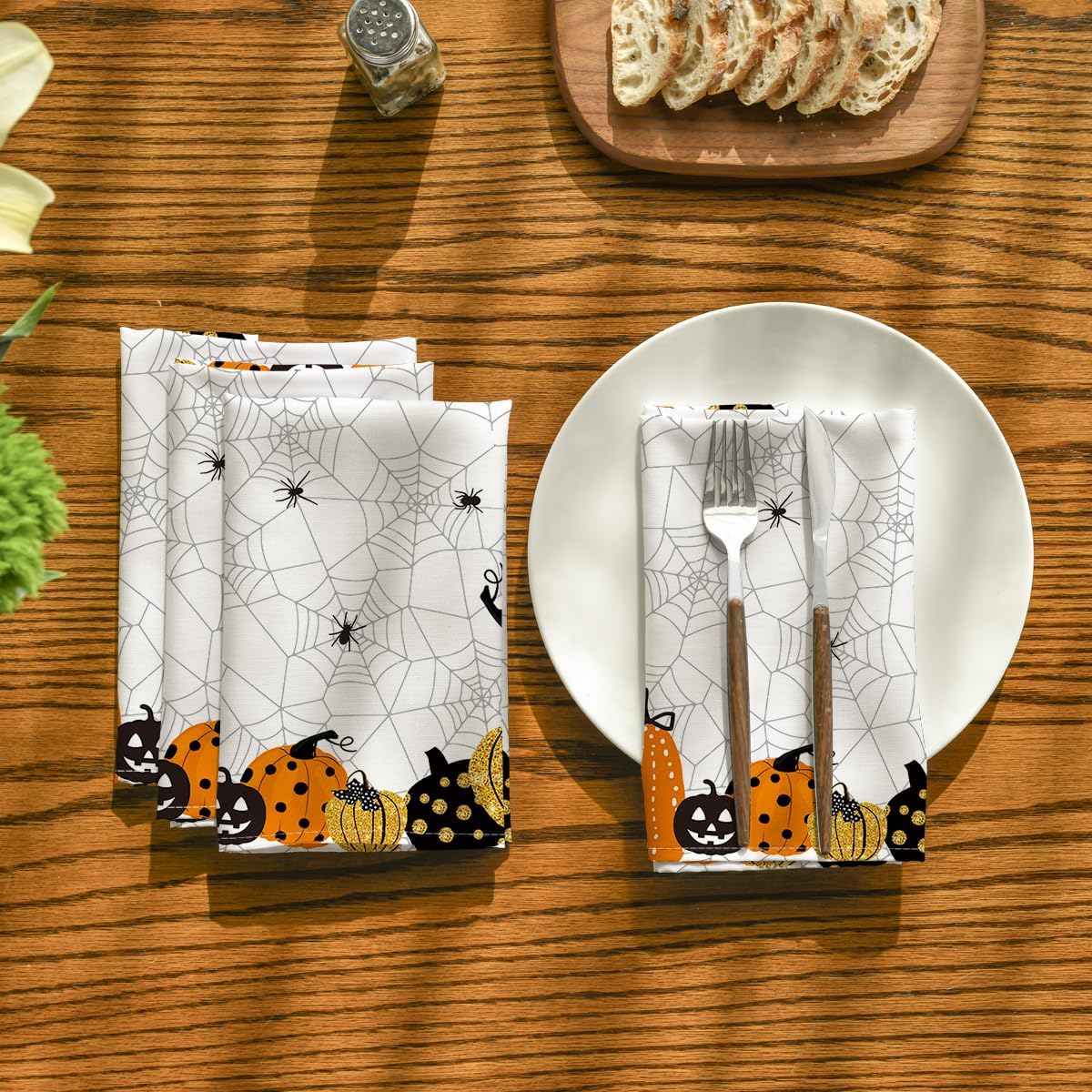 Horaldaily Juego de 4 servilletas de tela de Halloween de 18 x 18 pulgadas, diseño de calabaza y calabaza con temática de miedo, decoración de