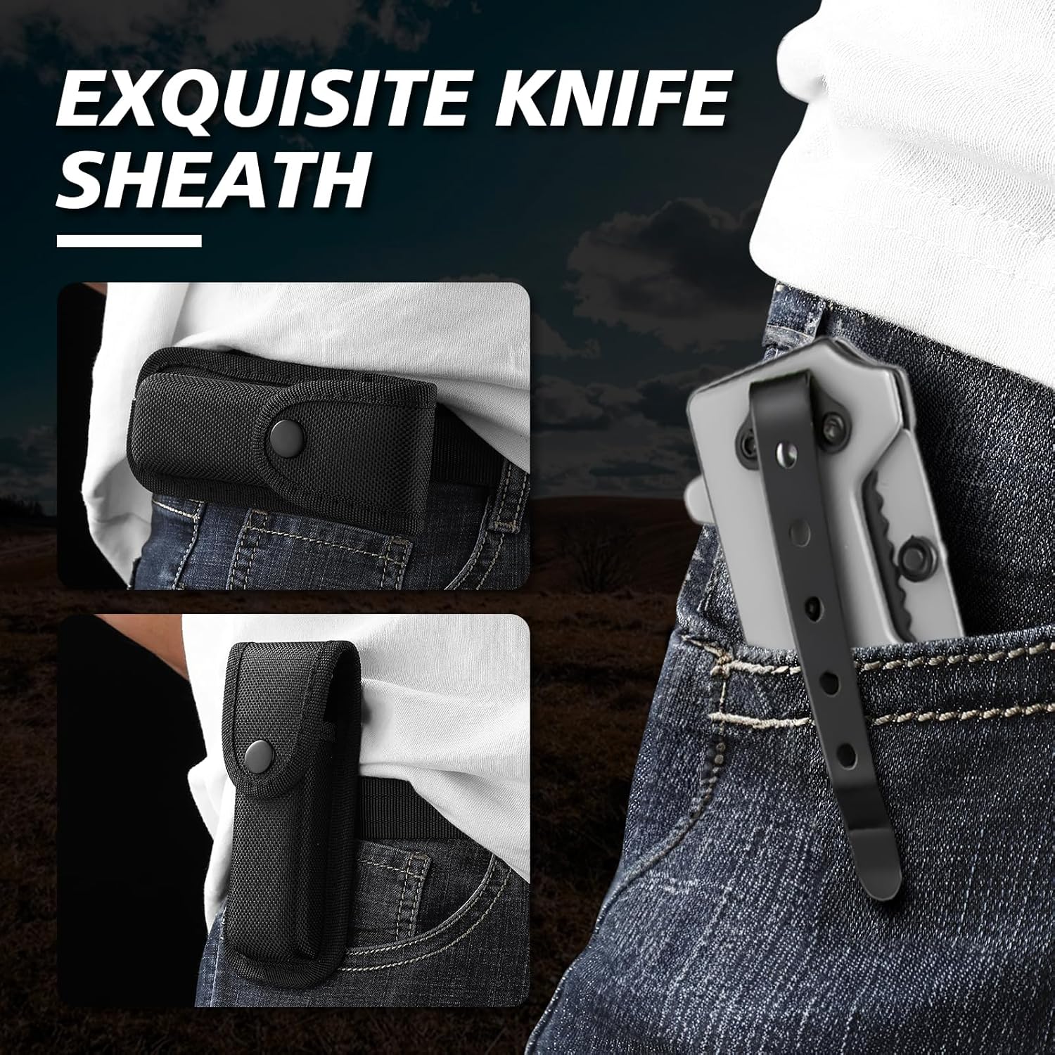 IKORES Cuchillo de bolsillo con mango G10, cuchillo plegable de 3.5 pulgadas con clip de bolsillo y funda de nailon, gran regalo para hombres y