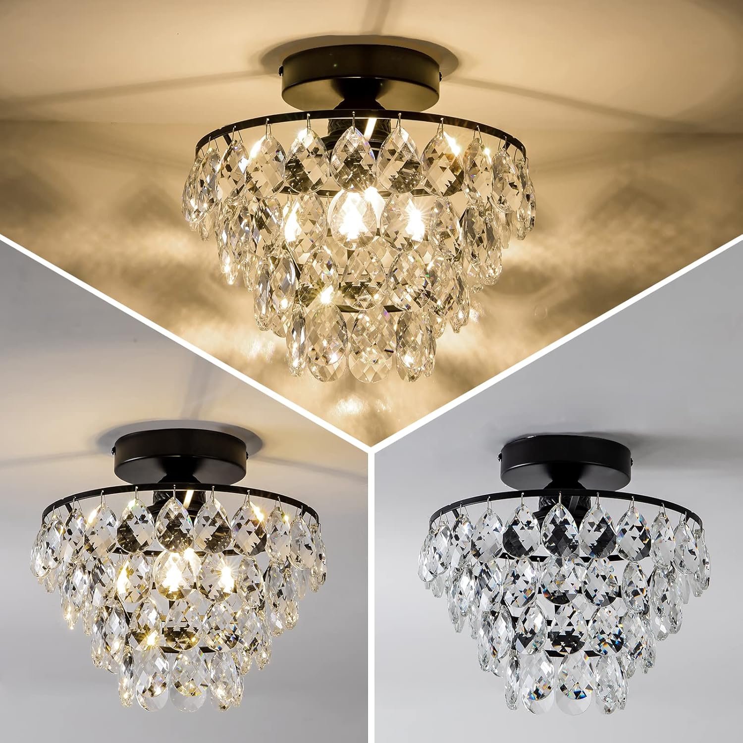 Lámpara de techo moderna de cristal pequeña, lámpara de techo semiempotrada color negro mate, mini candelabros de cristal para pasillo, dormitorio,